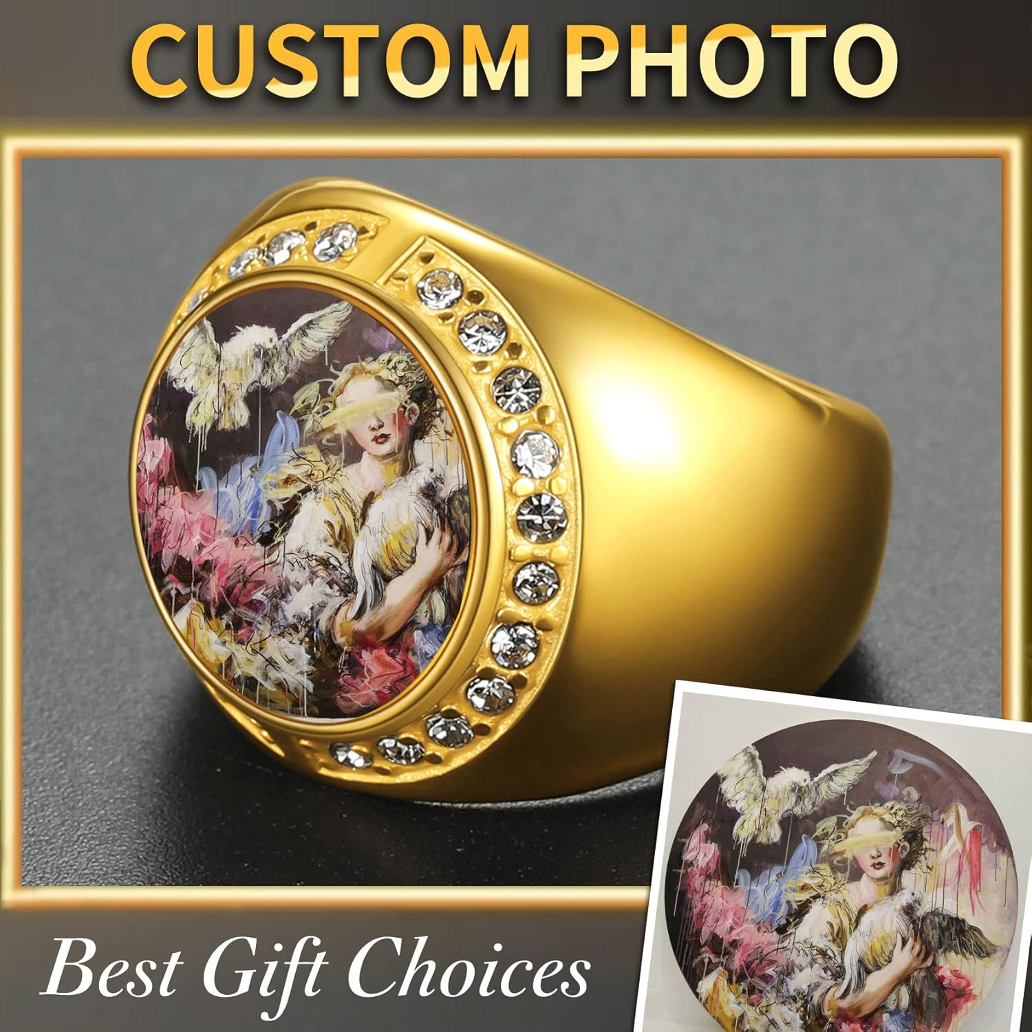 ChainsHouse Personalized Round Ring Engraving Picture Custom Photo for Men Women Memorial Stainless Steel Jewelry, Size 8