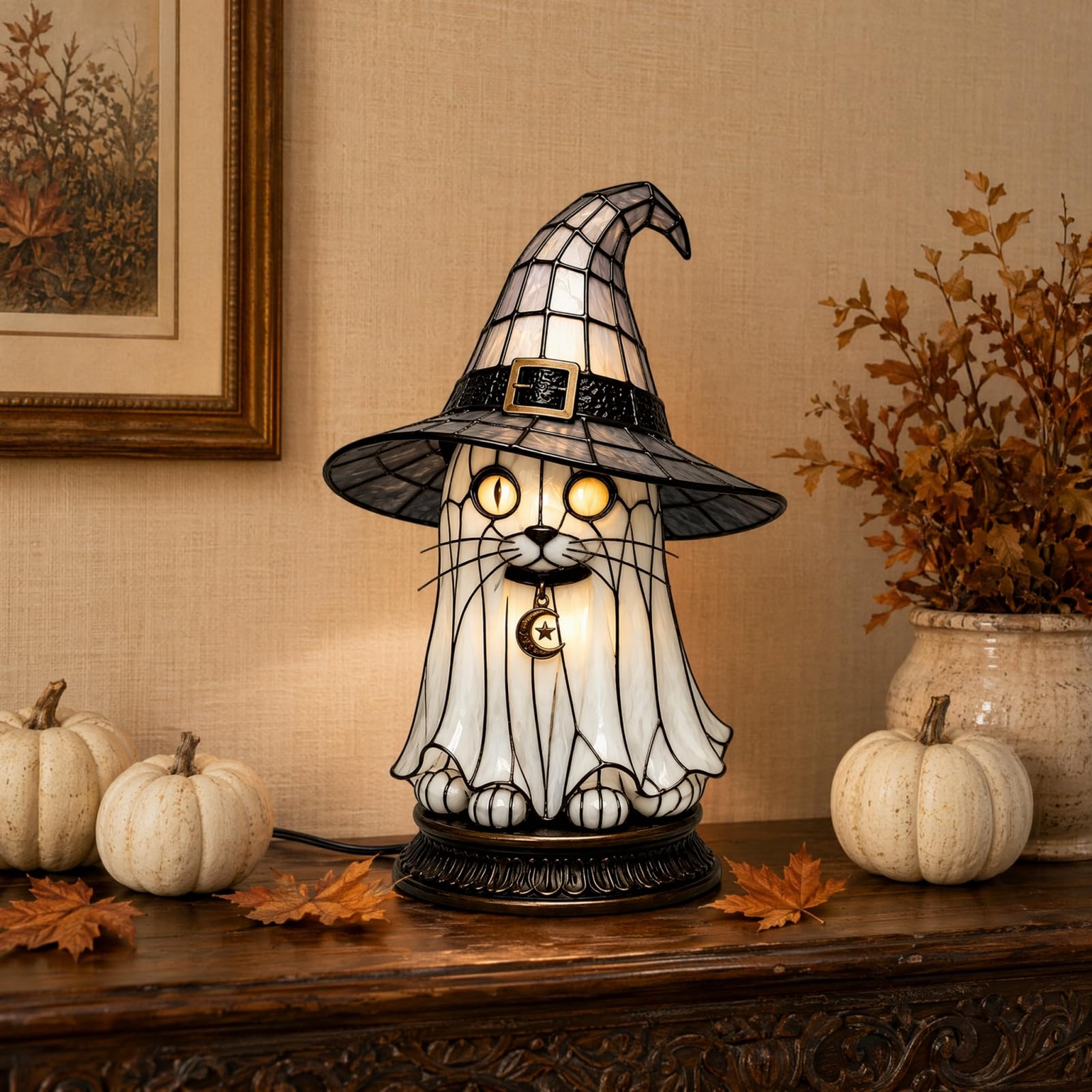 Lampa z witrażowego kapelusza czarownicy, lampka nocna na Halloween z czarnym kotem, duchem i krukiem, gotycka lampa stołowa retro z żywicy syntetycznej do sypialni, regał na książki i