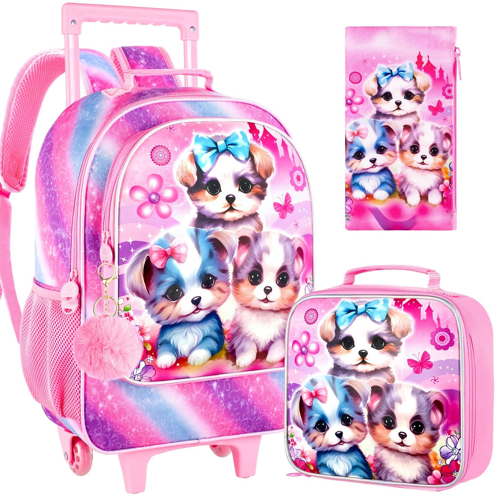 gxtvo Rolling Backpack for Girls, Cute Dog Roller Wheels Kids Bookbag - Wheeled Elementary School Bag - 3PCS Dog