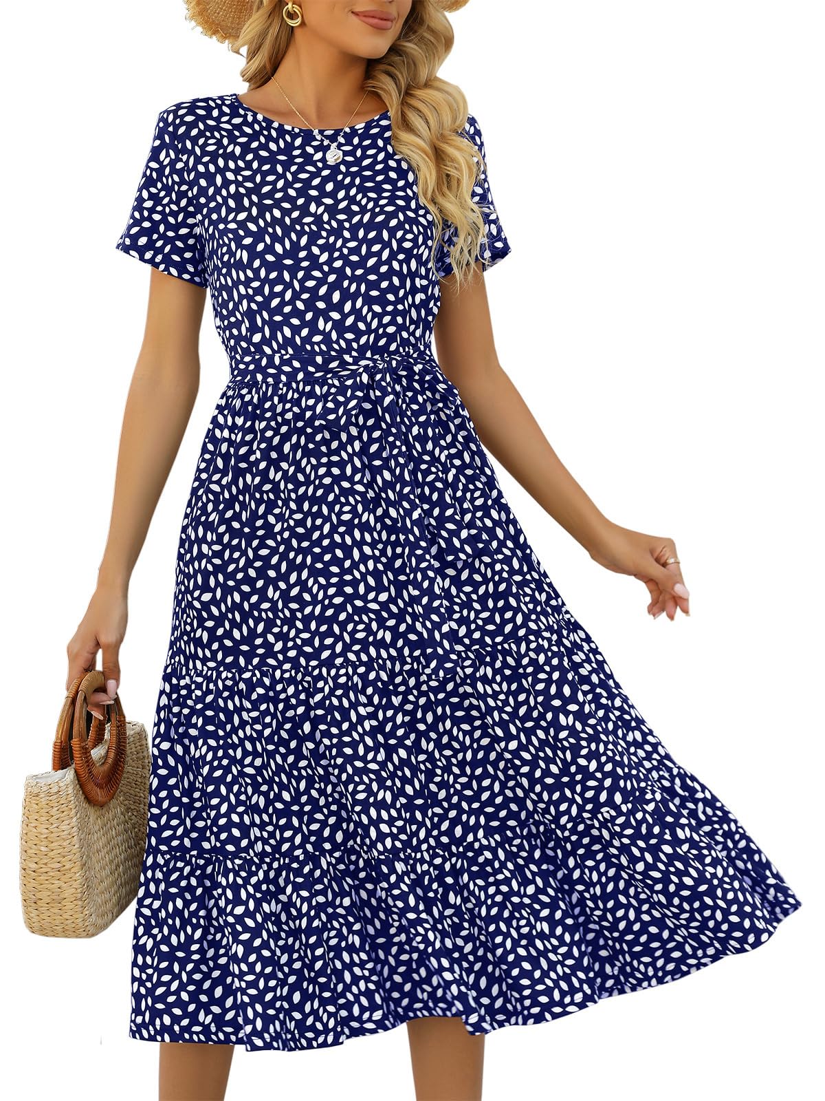 Lyrur Women's Summer Casual Short Sleeve Modest Teacher Church Midi Dress | Crew Neck, Tie Waist, Side Pockets, Flowy A-Line Fit for School Work Outfits for Educators, Office, Classroom and Daily Wear