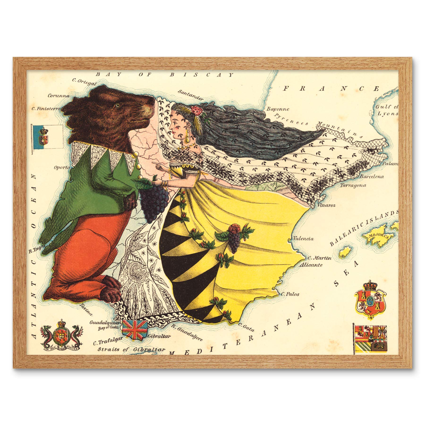 Lancaster 1869 Pictorial Map Spain Portugal Bear Lady Art Print Framed Poster Wall Decor 12x16 inch
