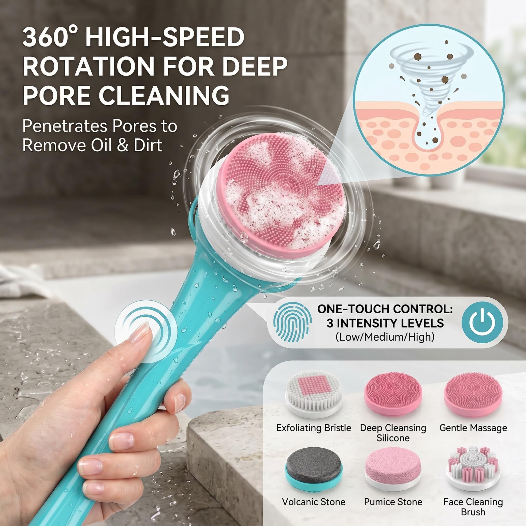 Limpiador corporal eléctrico, cepillo corporal, cepillo eléctrico para la espalda con mango largo, masaje exfoliante para baño, ducha, masaje con 6 cabezales de limpieza para spa, ducha, azul