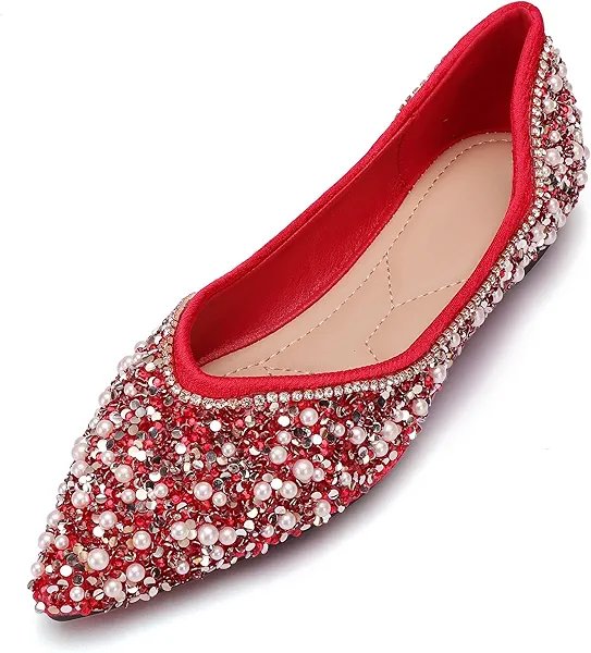 Women's Rhinestone Flats Fashion Pointed Toe Pearl Diamond Low Heel Dress Wedding Flats Work Business Dance Ballet Flats
