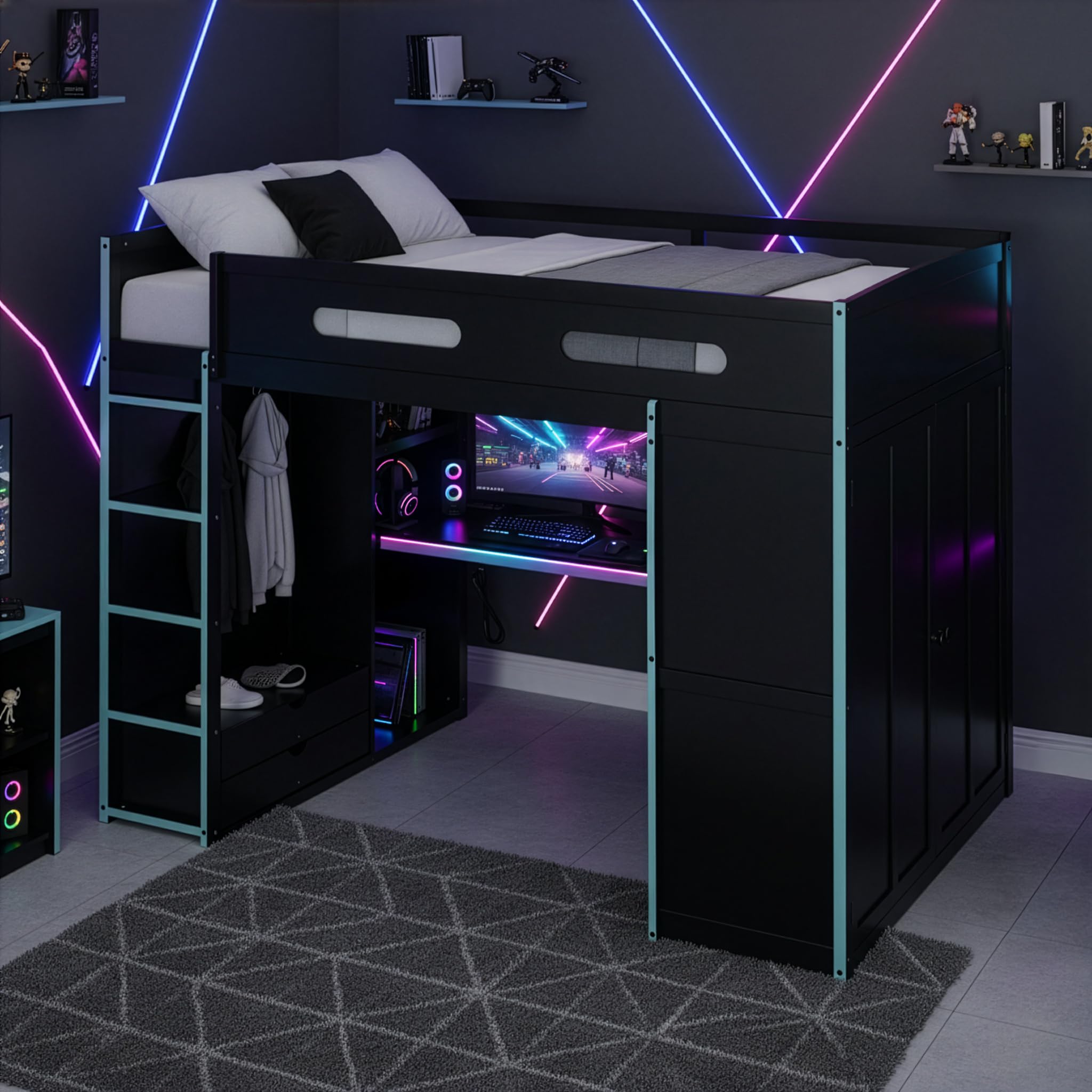 Merax Wood Full Size Gaming Loft Bed with Desk, Wardrobe, Ample Storage Space, and RGB LED Light for Bedroom, Cloud Blue