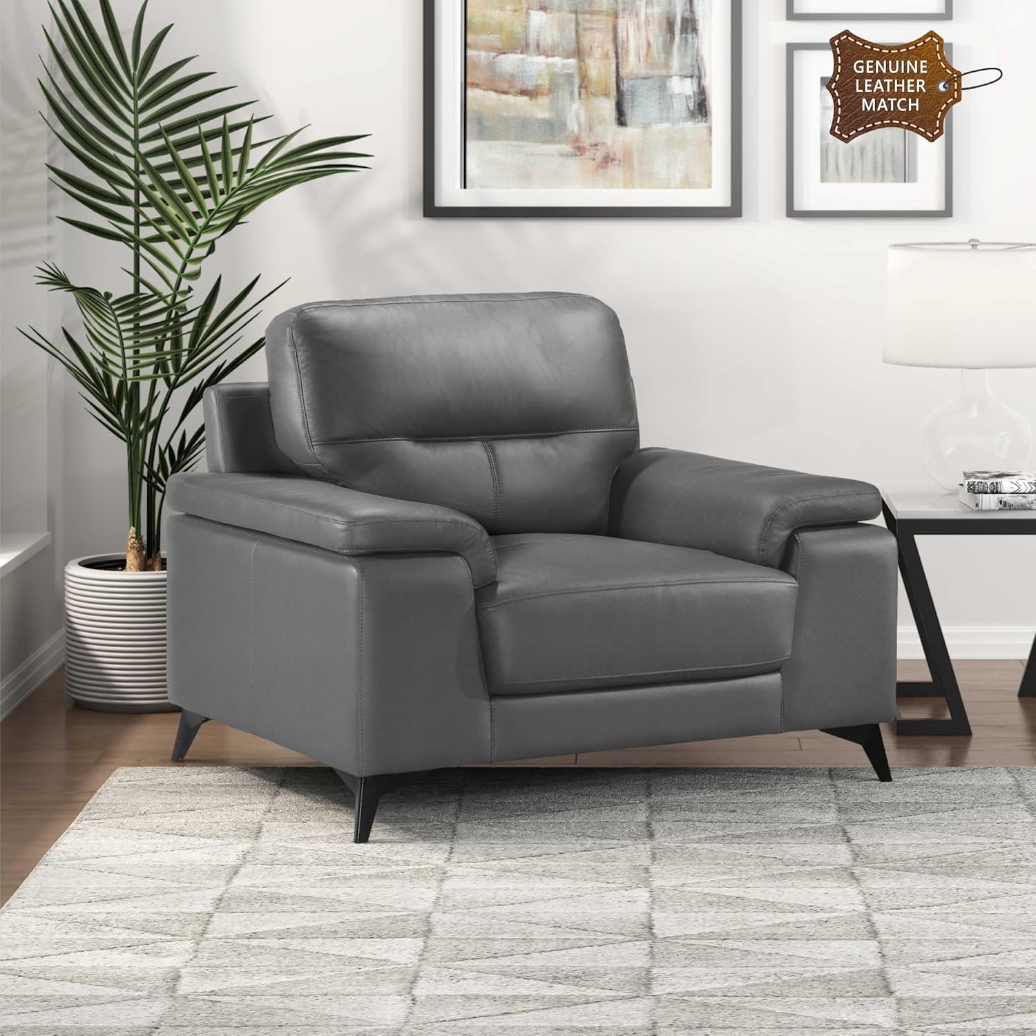 Lexicon Leather Chair, Oversized Chair, Top Grain Leather Lounge Chair, Modern Sofa Arm Chair for Living Room, Bedroom, Office, Apartment, Armchair, Dark Gray