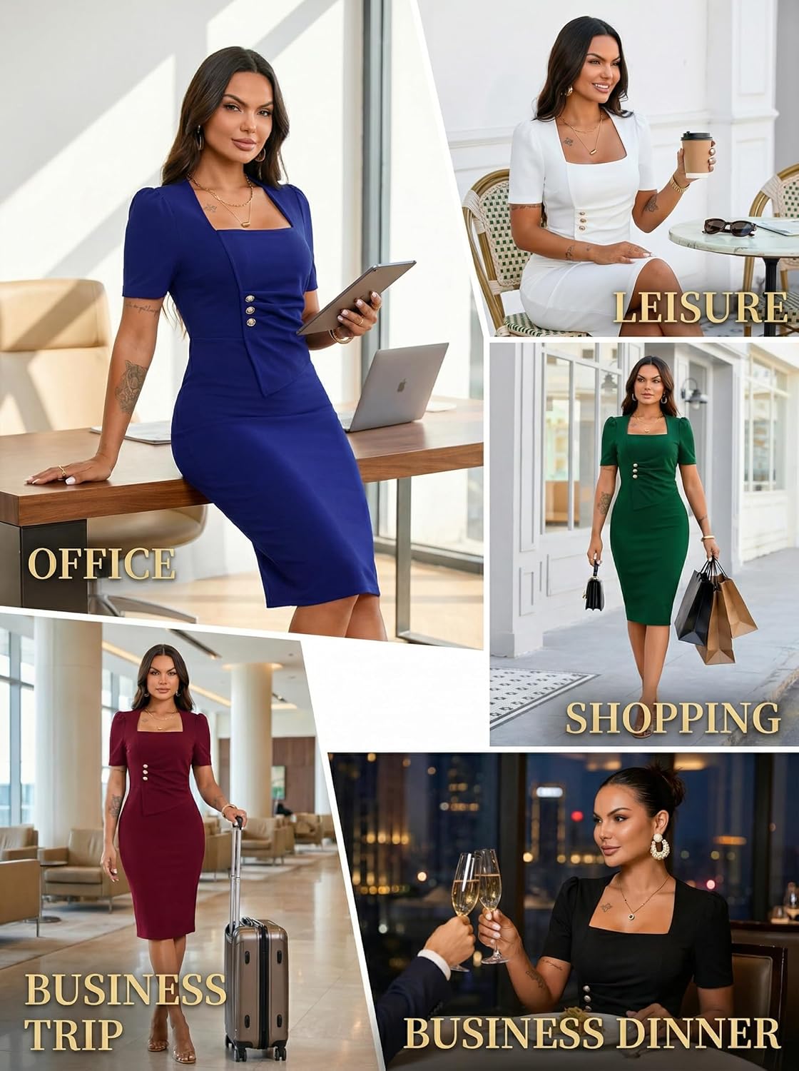 Work Dresses for Women Elegant Short Sleeve Sheath Business Office Cocktail Ruched Bodycon Midi Pencil Dress