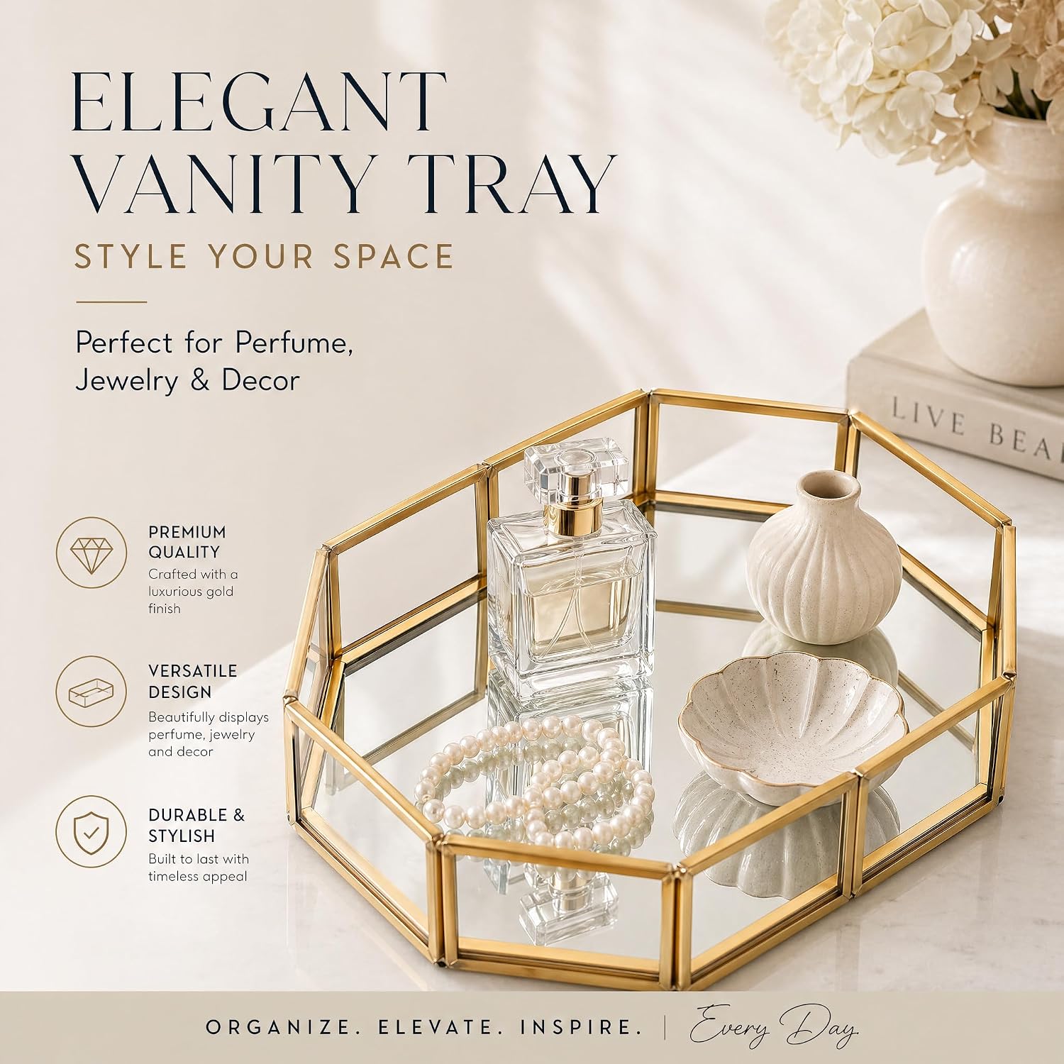 Gold Octagonal Mirror Vanity Tray, Vintage Glass Perfume Tray with Ornate Metal Frame,Decorative Jewelry Makeup Organizer for Dresser, Bathroom, Coffee Table, Home Decoration Gift for Women Mother Day