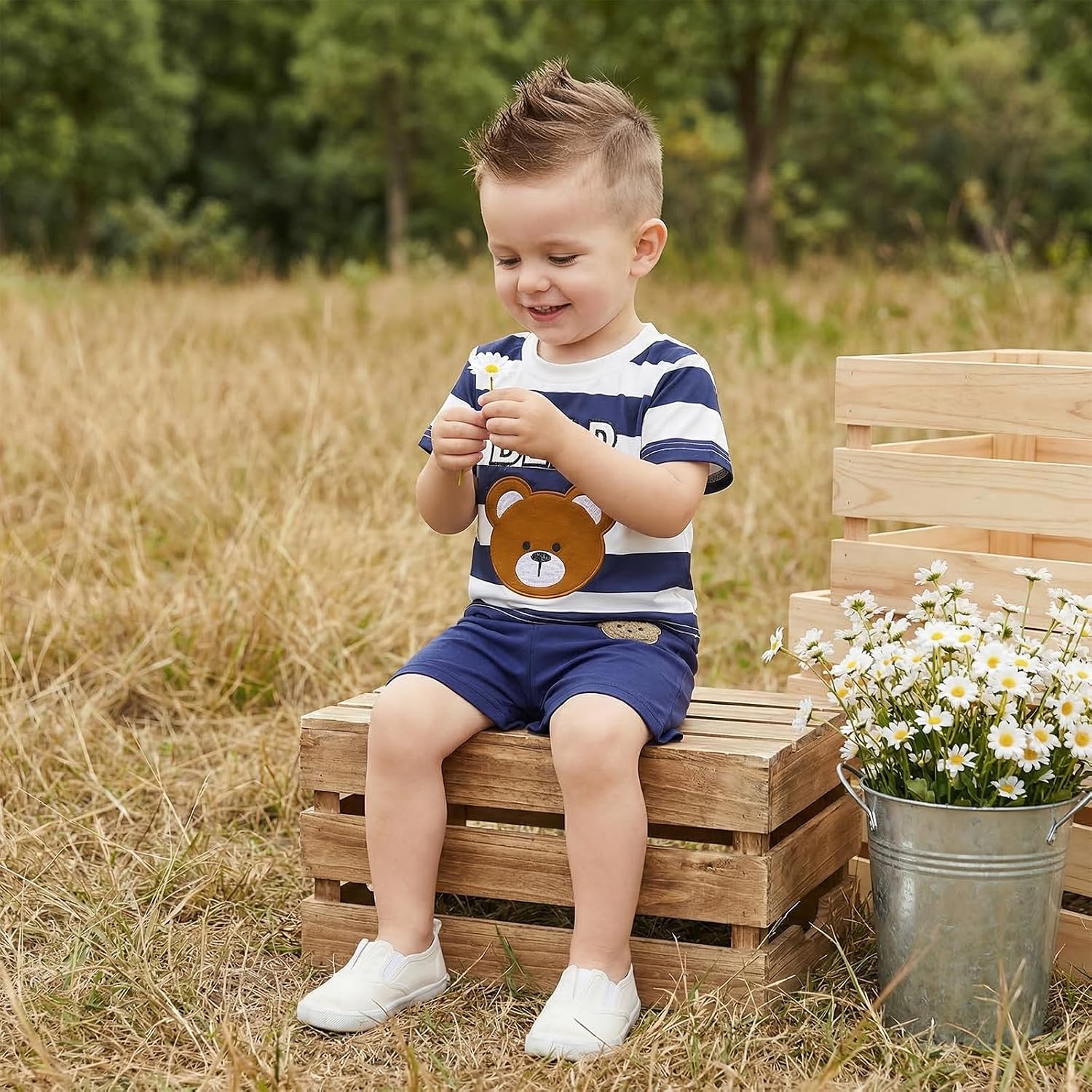Baby Boy Summer Clothes Crew Neck Bear Print Striped Short Sleeve Top Shorts Set 2pcs Toddler Boy Summer Sets