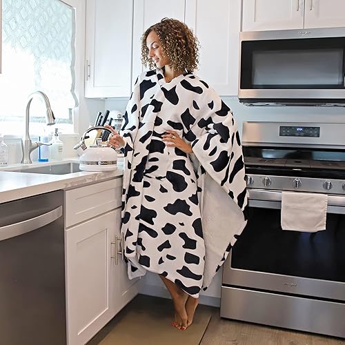 Miniatura 2 de Catalonia Manta Sherpa con estampado de vaca Poncho para adultos, mujeres y hombres, manta envolvente con bolsillo, cálida, suave, acogedora,