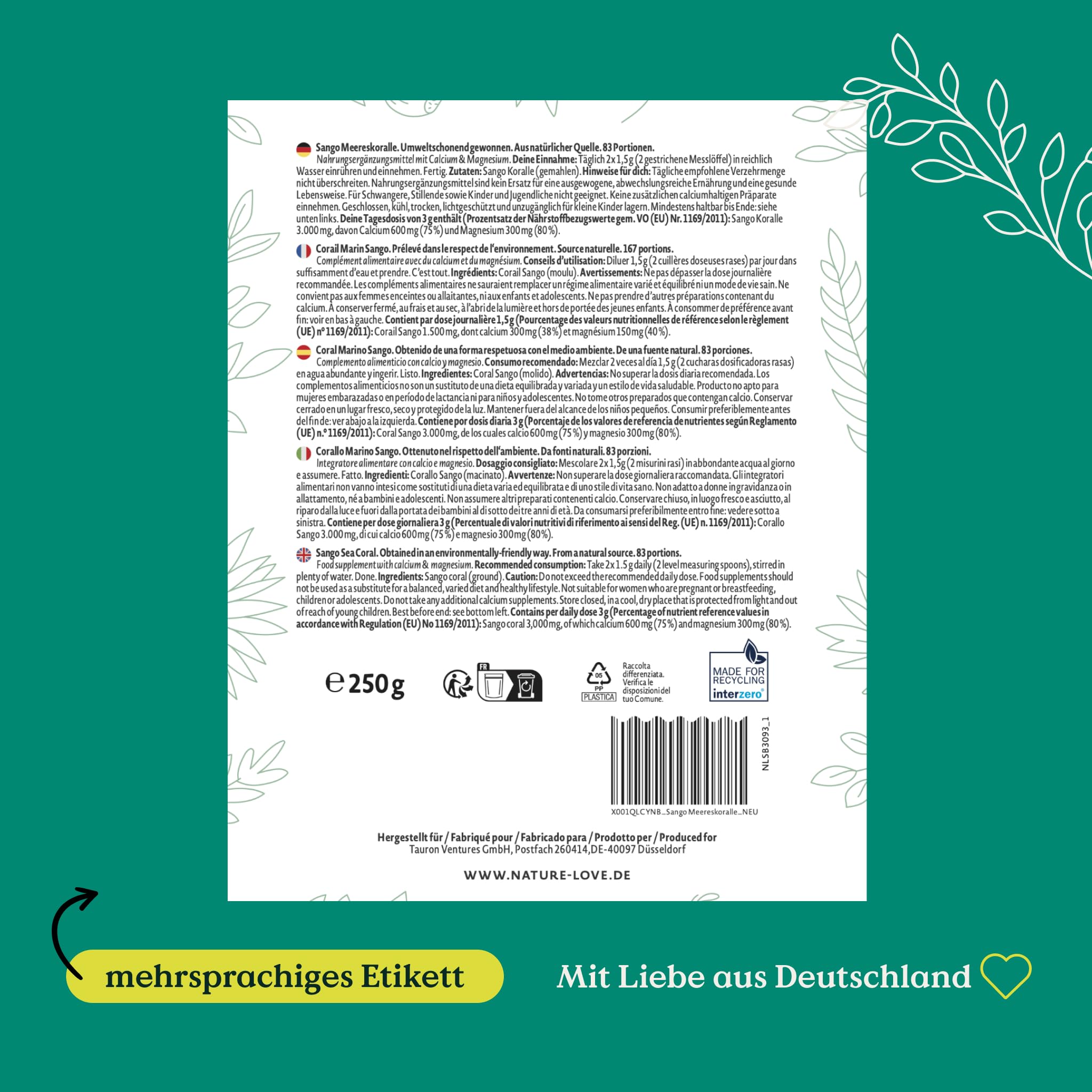 NATURE LOVE® Sango Meereskoralle – 250g Pulver – Natürliche Quelle für Calcium (20%) und Magnesium (10%) im körpereigenen Verhältnis von 2:1 – Hochdosiert und in Deutschland produziert
