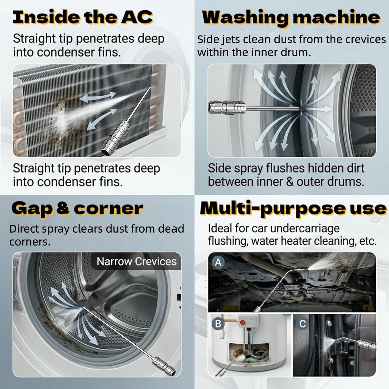 4 Pack High Pressure Washer Nozzle Kit for Washing Machine & AC Cleaning, High-Pressure Washer Spray Nozzle Kit, Chassis Flush Kit with 4 Pack Straight/Side Nozzles (Set A)