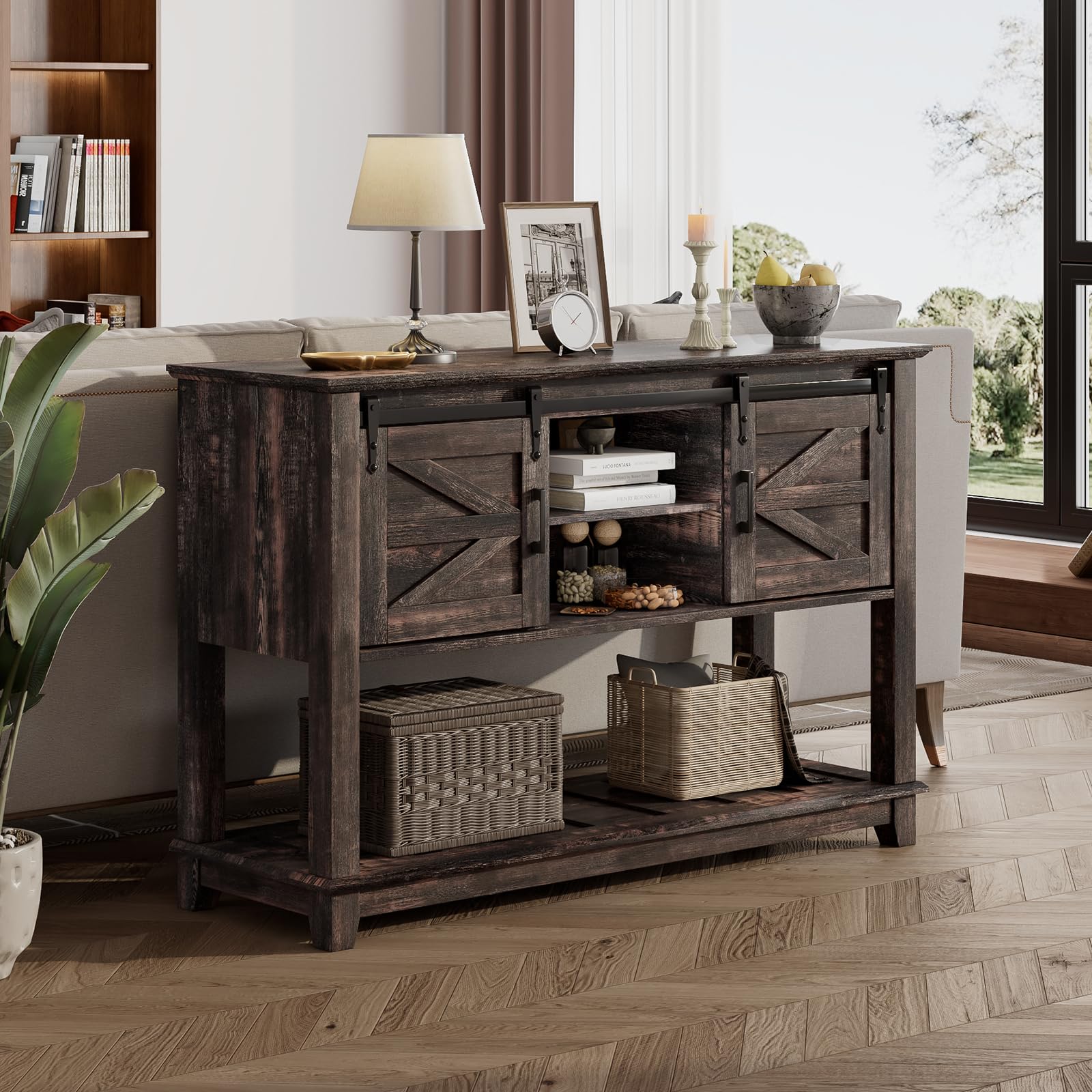 Farmhouse Entryway Table with Sliding Barn Doors, 46" Sofa Table for Living Room, Console Table with Storage, Dark Rustic Oak