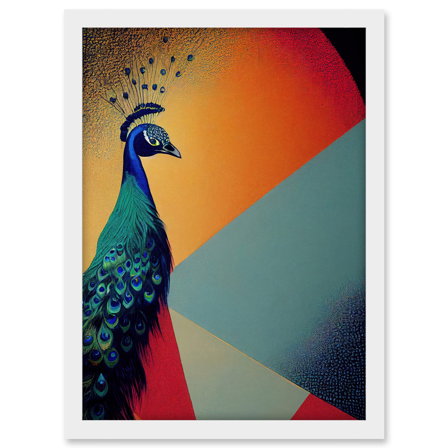 Wee Blue Coo Modern Peacock Portrait in Colourful Abstract Vibrant Orange Artwork Framed A3 Wall Art Print