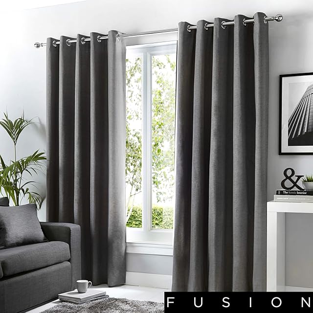 Fusion - Sorbonne - 100% Cotton Pair of Eyelet Curtains - 90" Width x 54" Drop (229 x 137cm) in Charcoal