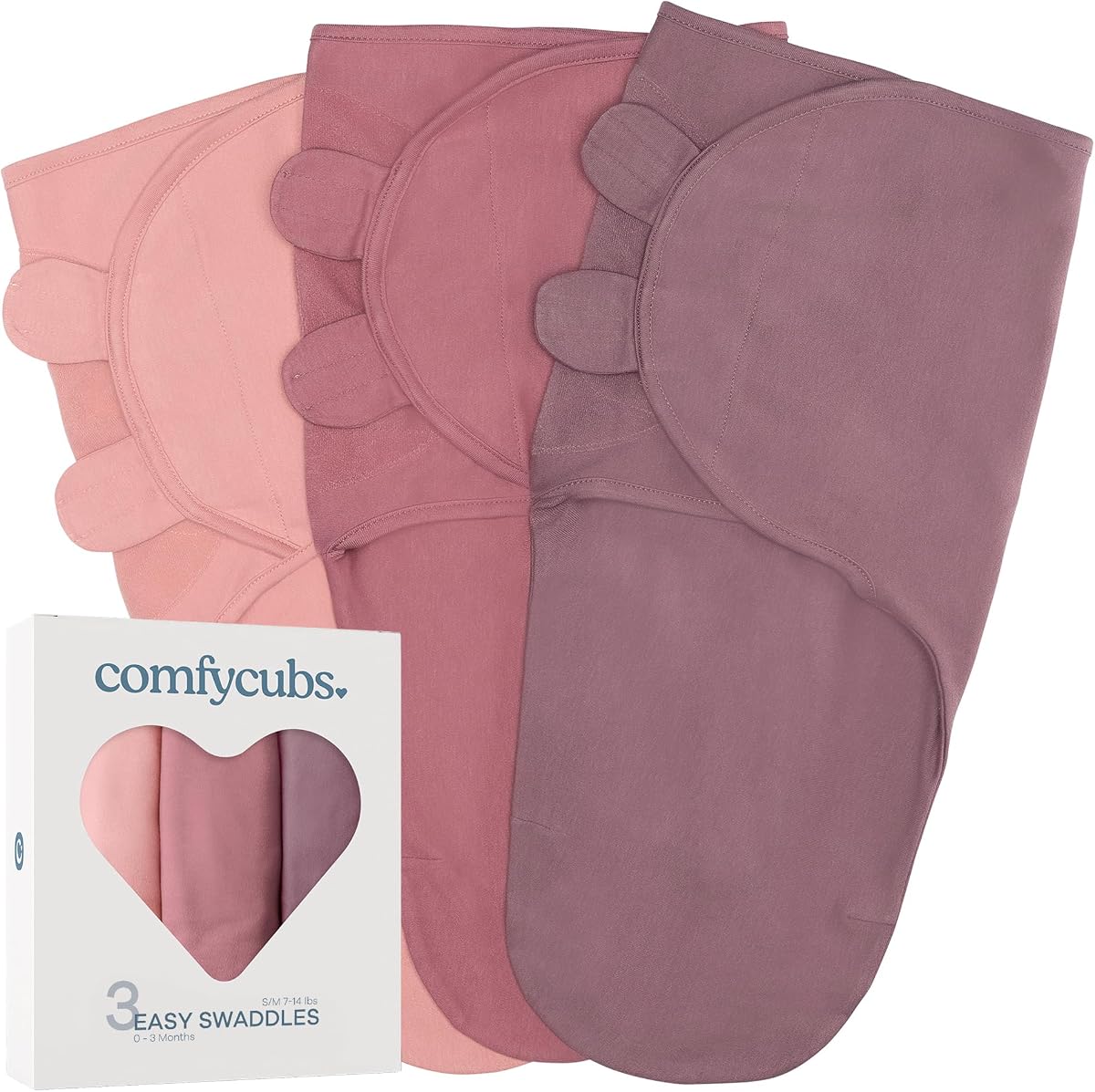 Comfy Cubs Easy Swaddle Blanket 3 Pk S Blanket Swaddle Blush Mauve Mulberry | 100% Cotton Newborn Wrap for 0-3 Months Infants, Adjustable, Breathable and Durable Sleep Sack for Babies