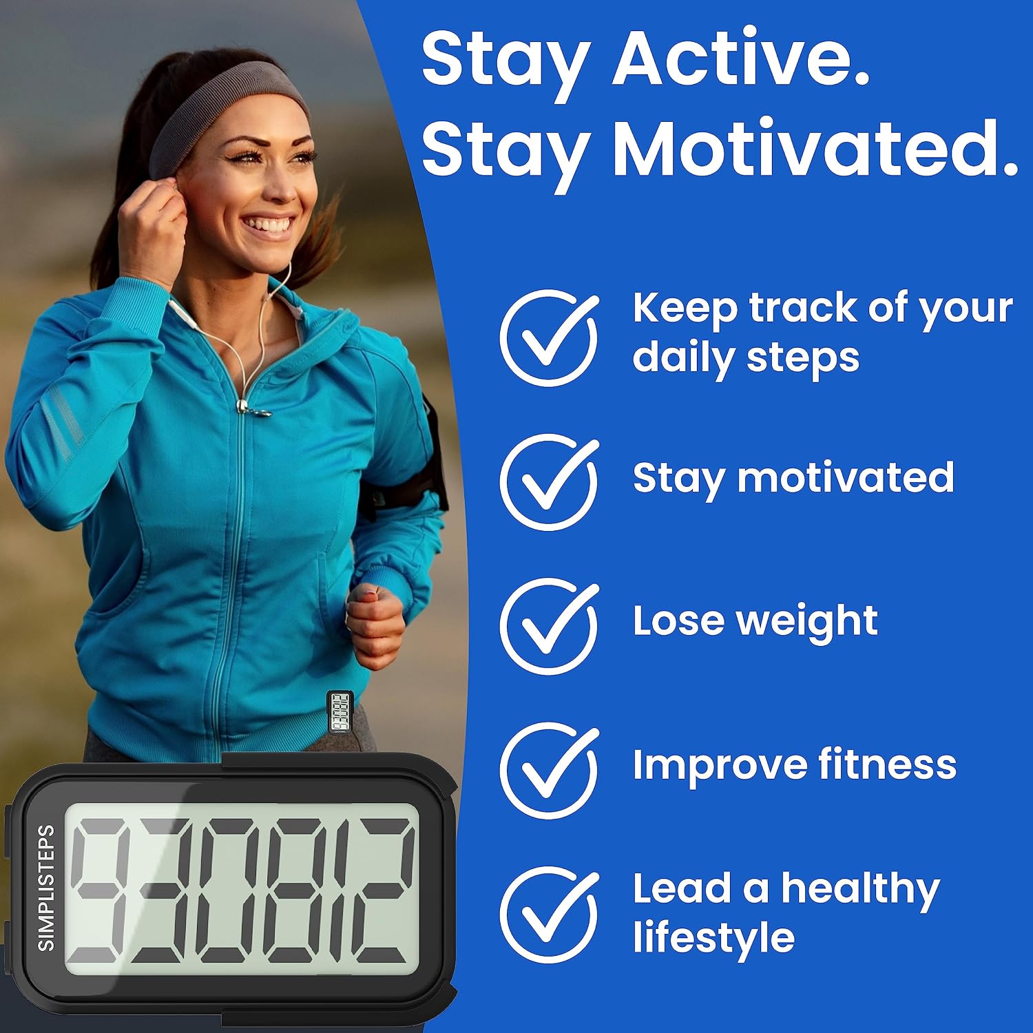 SimpliSteps Simple Step Counter & 3D Pedometer – Accurate 3D Pedometer for Walking with X-Large Screen, Clip and Lanyard