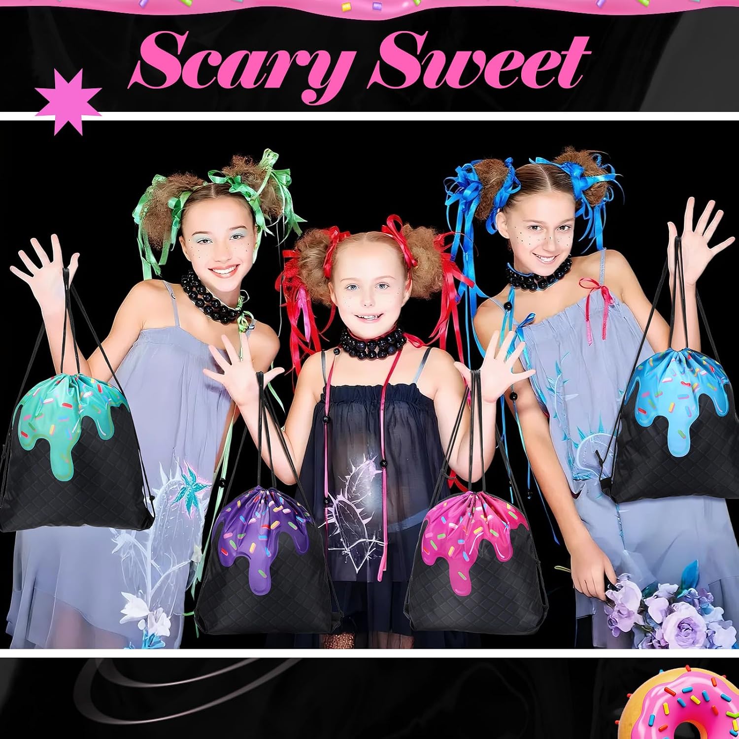 Shinylin 24 Pcs Summer Halloween Party Favors Gift Bags for High School Black Pink Scary Sweet Goodie Treat Bags Bad Two the Bone Party Decorations Ice Cream Decor
