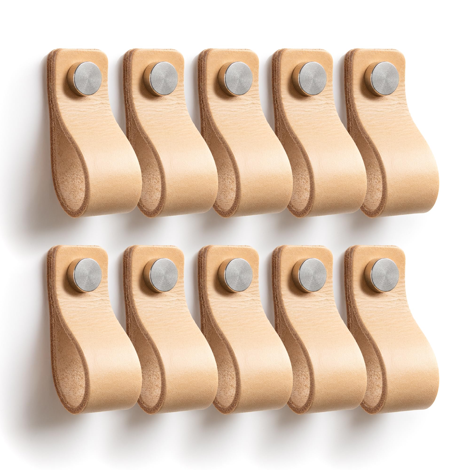 TIRADOR de Cuero para Mueble Armario Beige (10 Pcs) - Piel Vacuno Genuino Argentino Minimalista (MEDIUM, Natural)