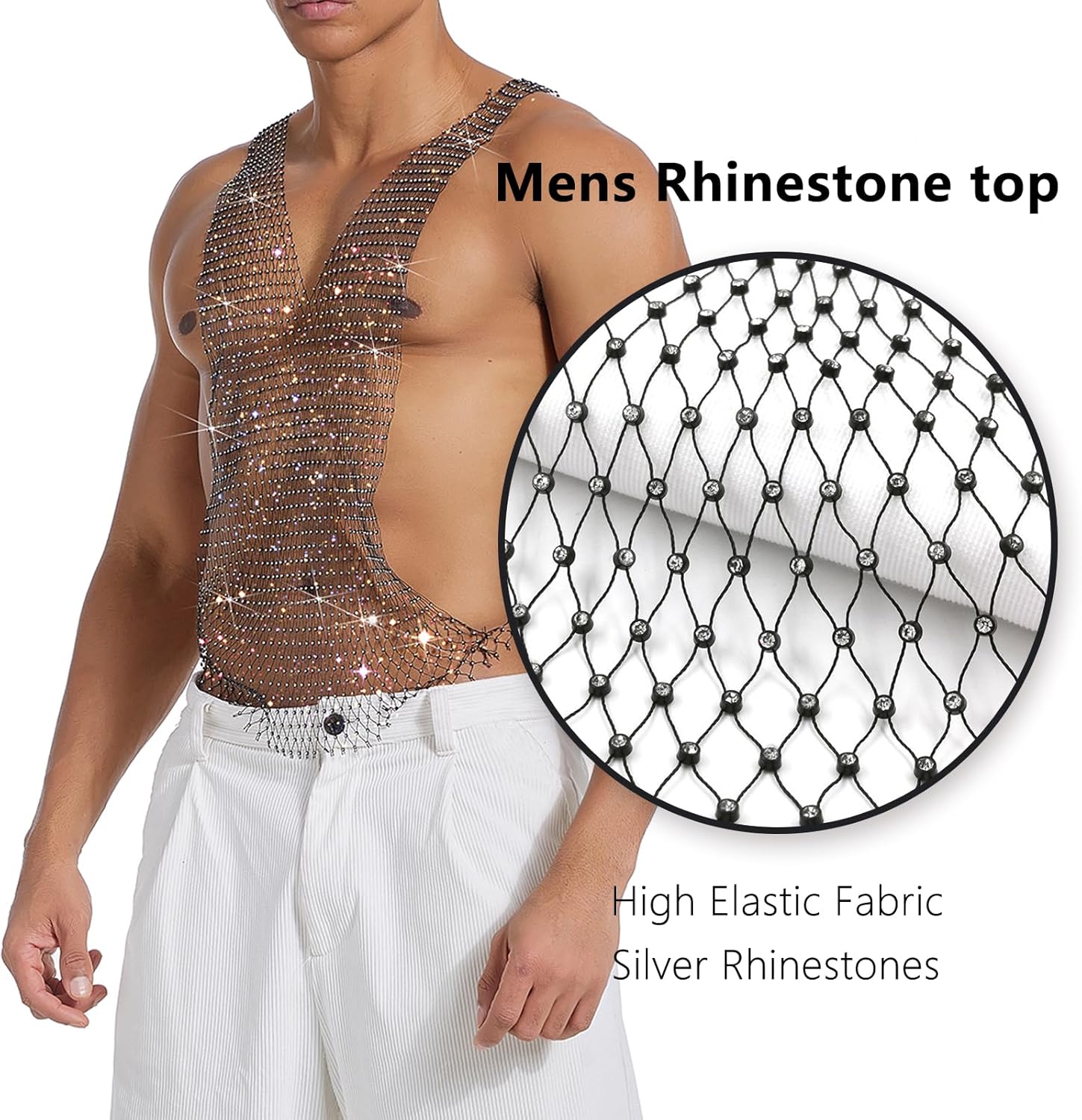 Rave Outfits For Men, Mens Sexy See Through Rhinestone Mesh Top Sparkly Fishnet Shirt, Rave Clothes For Club Party - Image 5
