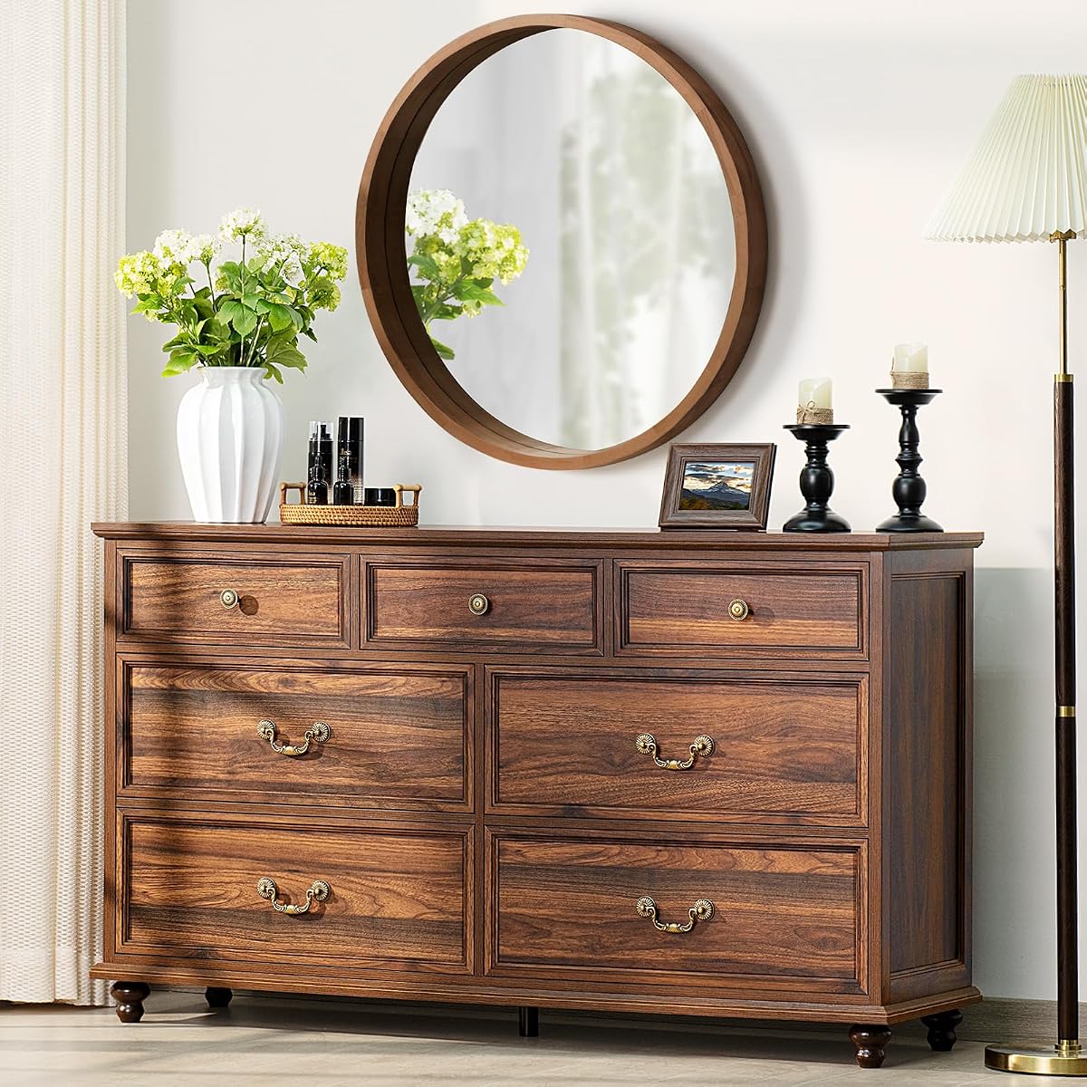 Joaxswe Farmhouse 54" 7 Drawers Dresser for Bedroom, Vintage Wood Chest of Drawers w/ 4 Wooden Legs, Wide Closet Storage Dressers Organizer for Hallway, Rustic Large TV Stand for Living Room, Brown