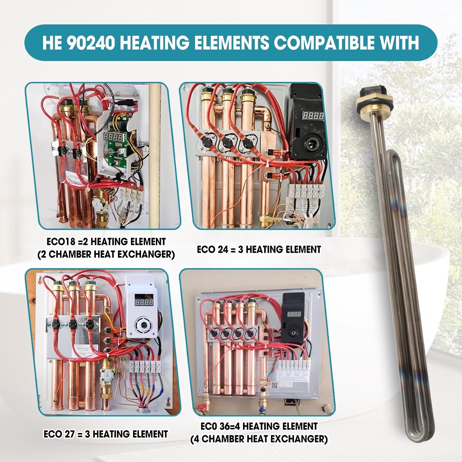 2 Pcs Titanium HE 90240 Water Heater Element Screw-In 9KW 240V Replacement for EcoSmart ECO 18 27 36 Tankless Water Heater Element Parts Replaces HE 80240 R004709024S SGB-2903 HA-P004 HA-P005