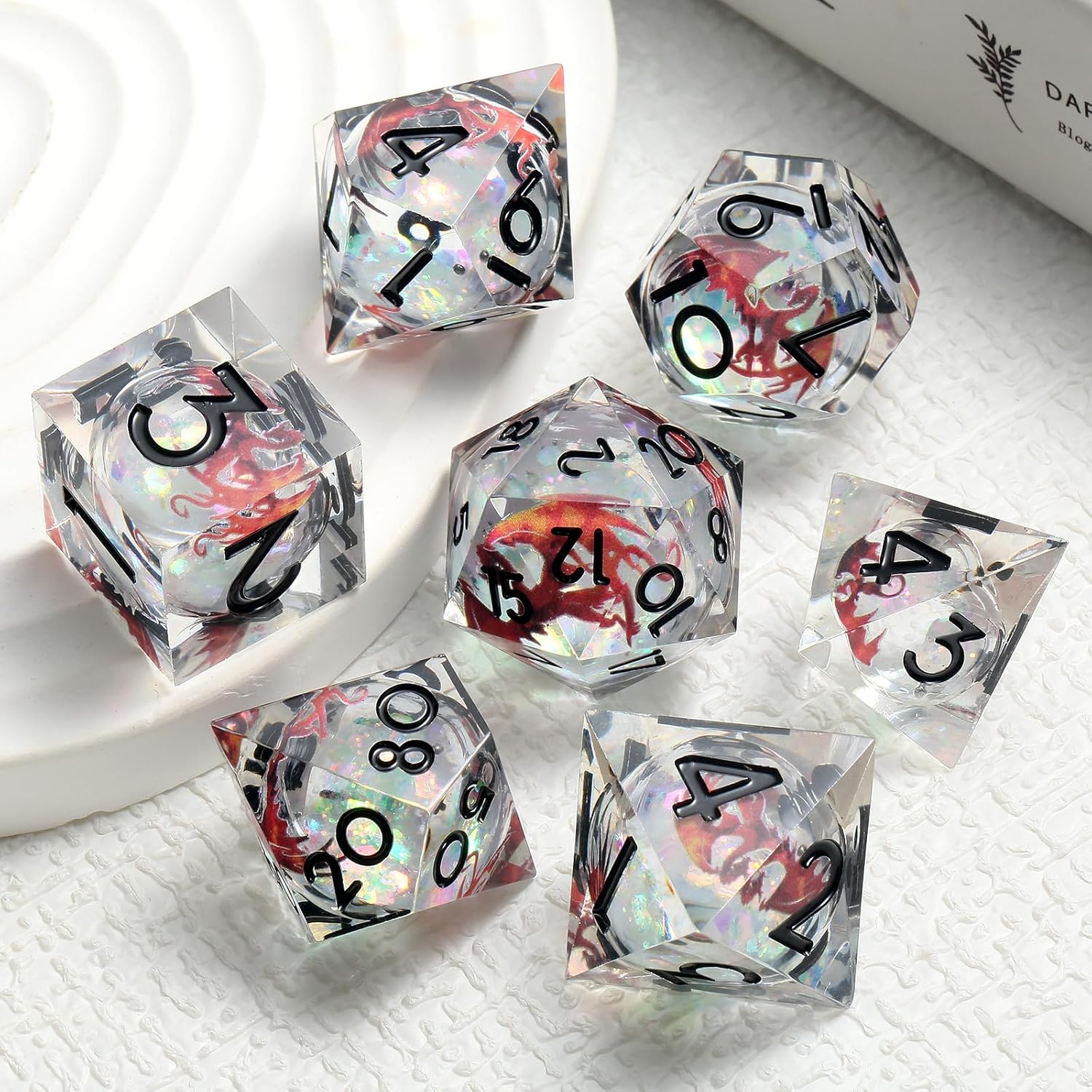 Red Dragon DNDND Sharp Dice with Black Numbers | Liquid Core 7-Piece D&D Dice Set | Dragon Themed Metal Case | Ideal RPG Gift