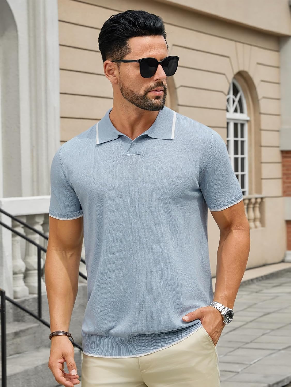 Hardaddy Men's Short Sleeve Knit Polo Shirts V Neck Color Block Lightweight Casual Collared Golf Shirt - Image 3