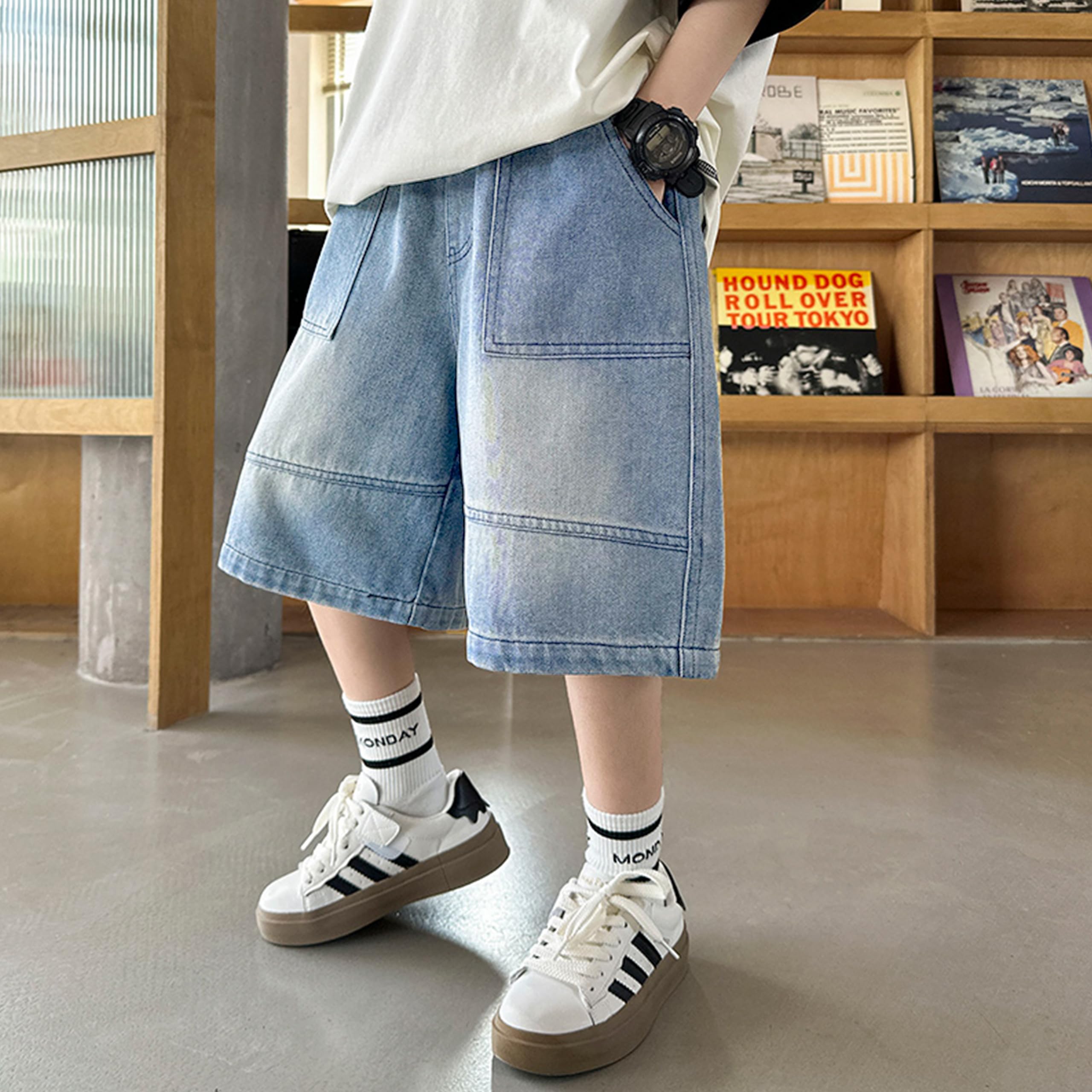 Rolanko Pantalones Cortos Vaqueros Holgados para Niños, Cintura Elástica Pierna Ancha Pantalones Cortos Vaqueros de Verano hasta La Rodilla
