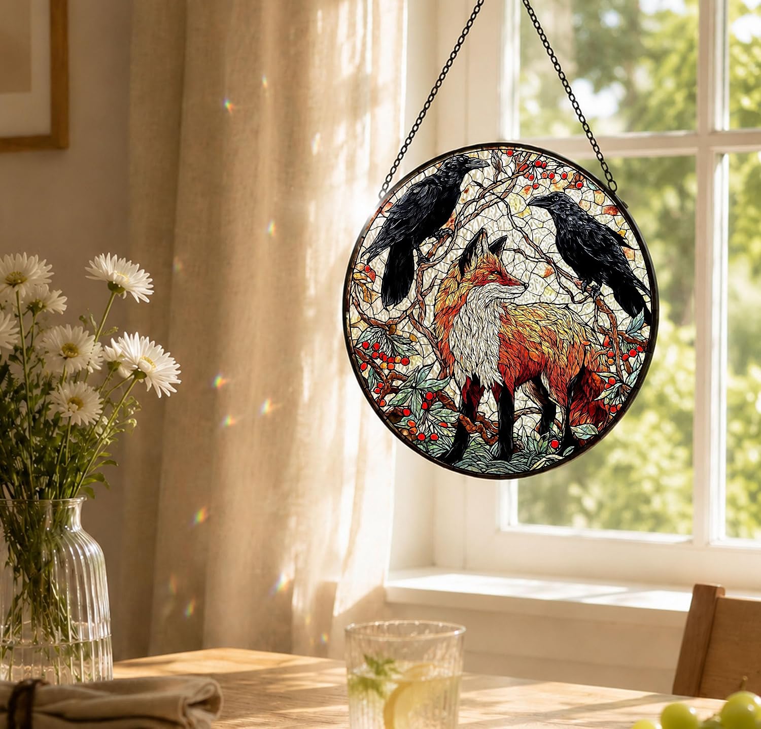 Fox and Raven Gothic Forest Round Stained Glass Suncatcher Window Hanging