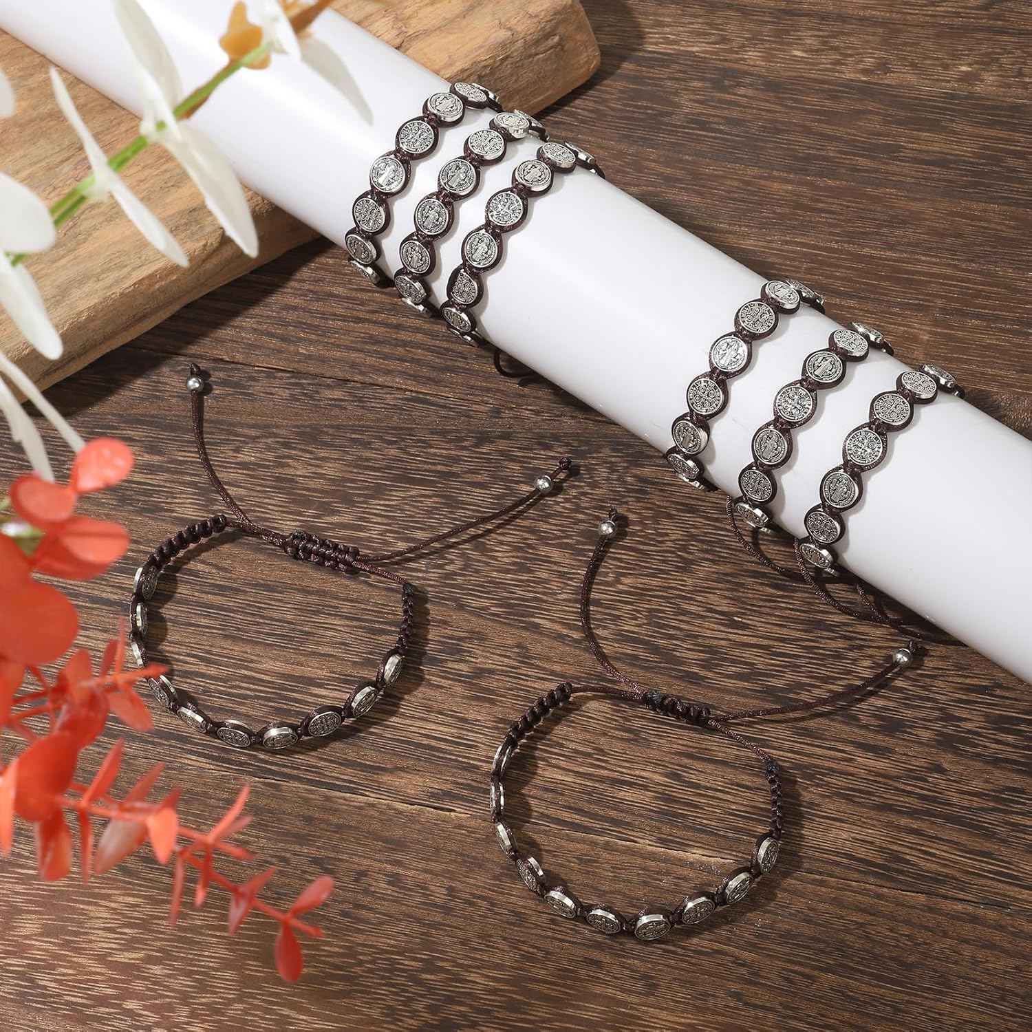 Gorgeoos12 Pcs St Benedict Rosary Bracelet Set, Handmade Adjustable Brown Cord with Medal & Cross, Religious Catholic Protection Jewelry Gifts for Women & Men - Image 2