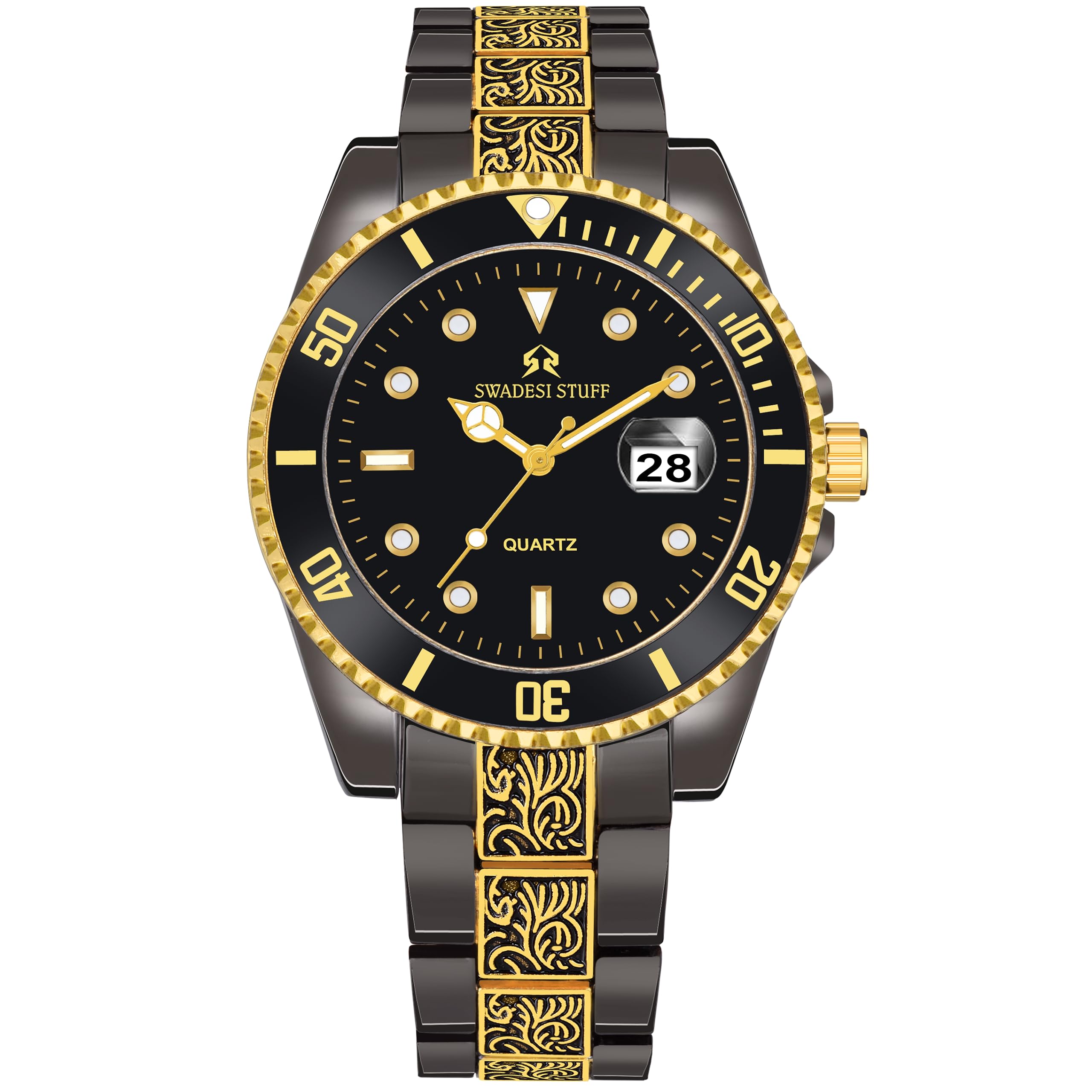 SWADESI STUFF Brilliance Black Hand-Grooving Date Dial Premium Luxury Stainless Steel Strap Analog Watch for Men (B0CHRNQKQ4) Amazon Price History, Amazon Price Tracker