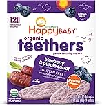 Happy Baby Gentle Teethers Organic Teething Wafers Blueberry Purple Carrot, 0.14 Ounce Packets (Box of 12) Soothing Rice Cookies for Teething Babies Dissolves Easily, Gluten Free No Artificial Flavor
