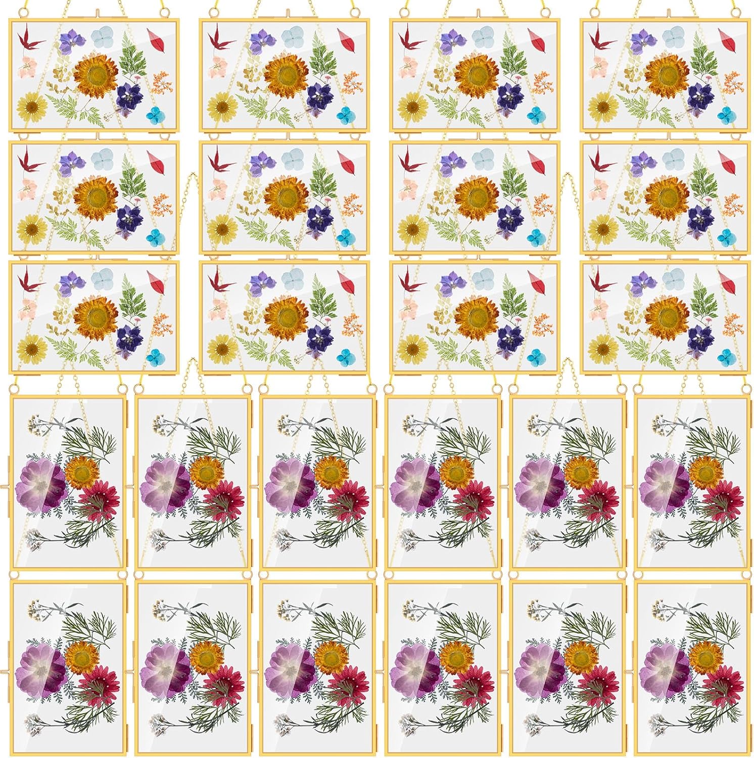 Thyle 12 Pcs Brass Glass Pressed Flowers Frame - 4 x 6 Inch DIY Hanging Art Clear Glass Frame with Chain for Picture Photo Gallery Wall Display Decor (Silver)