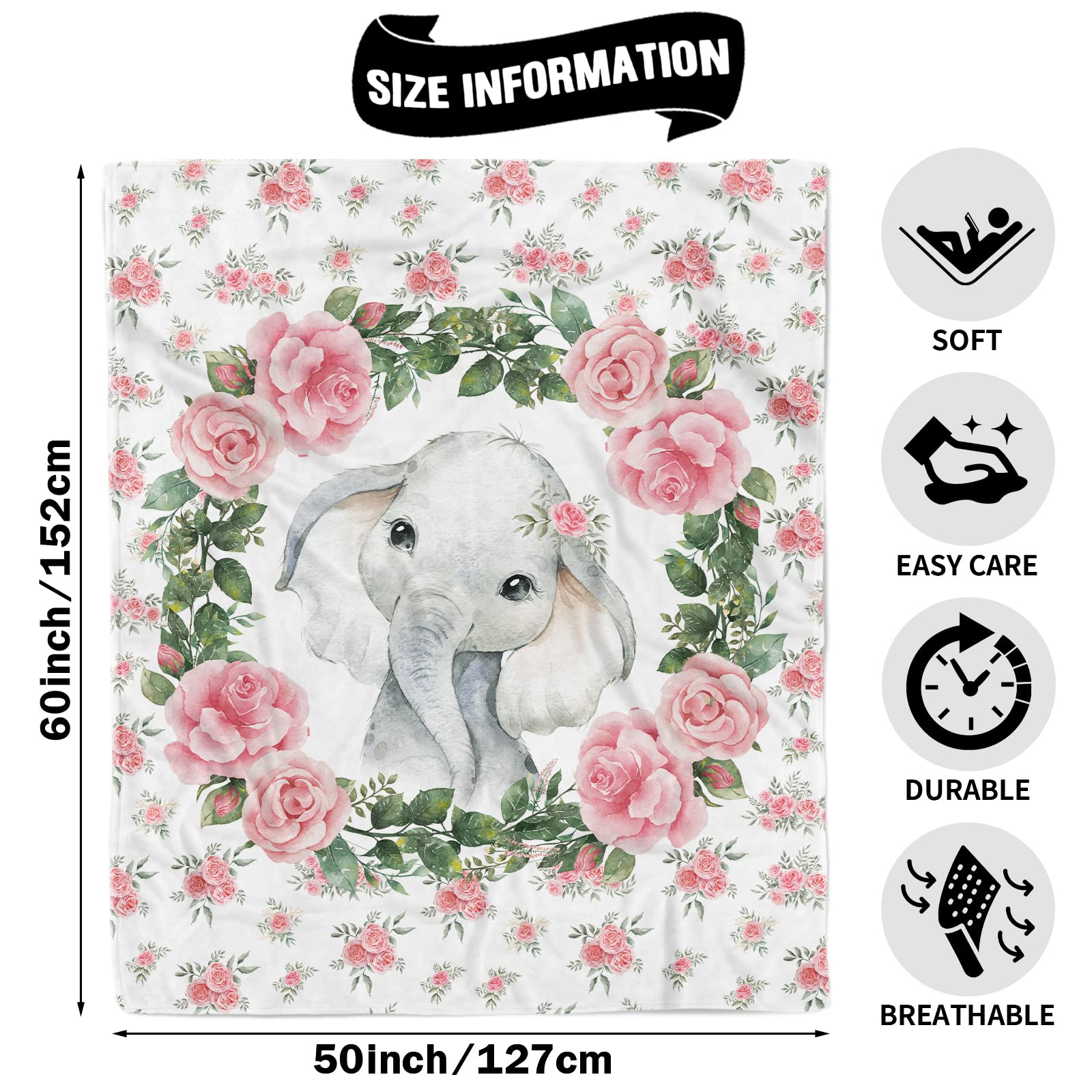 TUTUXMA Elephant Throw Blanket for Girls 130x150cm Soft Cozy With Flowers - Image 2