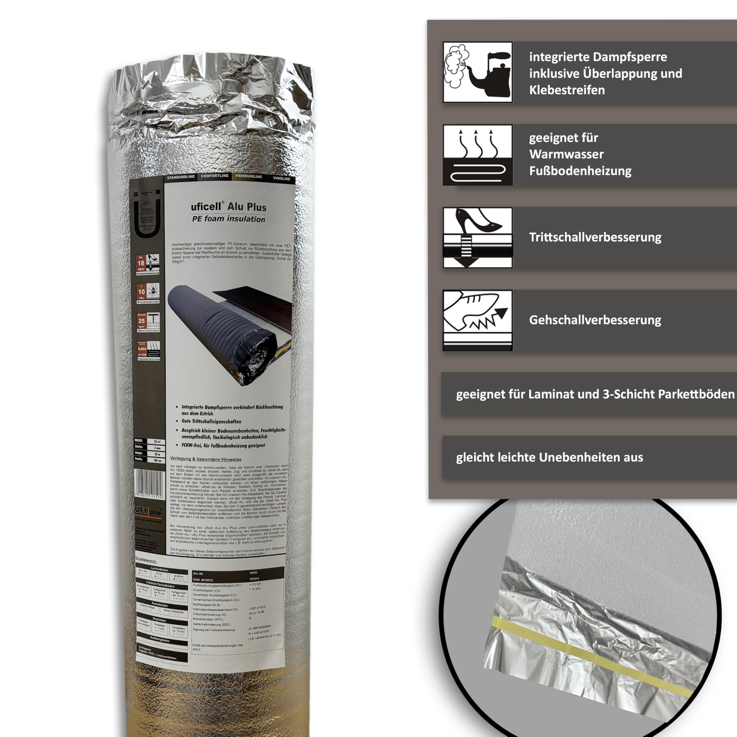 uficell® Aislamiento acústico de aluminio Plus de espuma de polietileno con barrera de vapor de aluminio, grosor de 2 mm, aislamiento acústico perfecto para suelos laminados y parqué (2 mm de grosor,