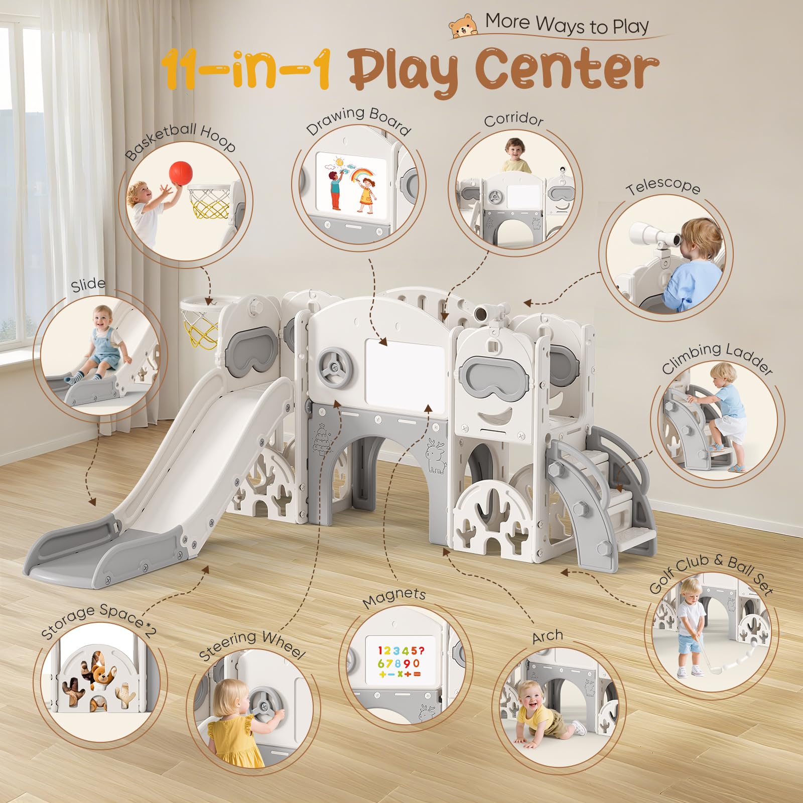 Set de tobogán 11 en 1 para niños pequeños con Pizarra para Jugar en Interiores y Exteriores