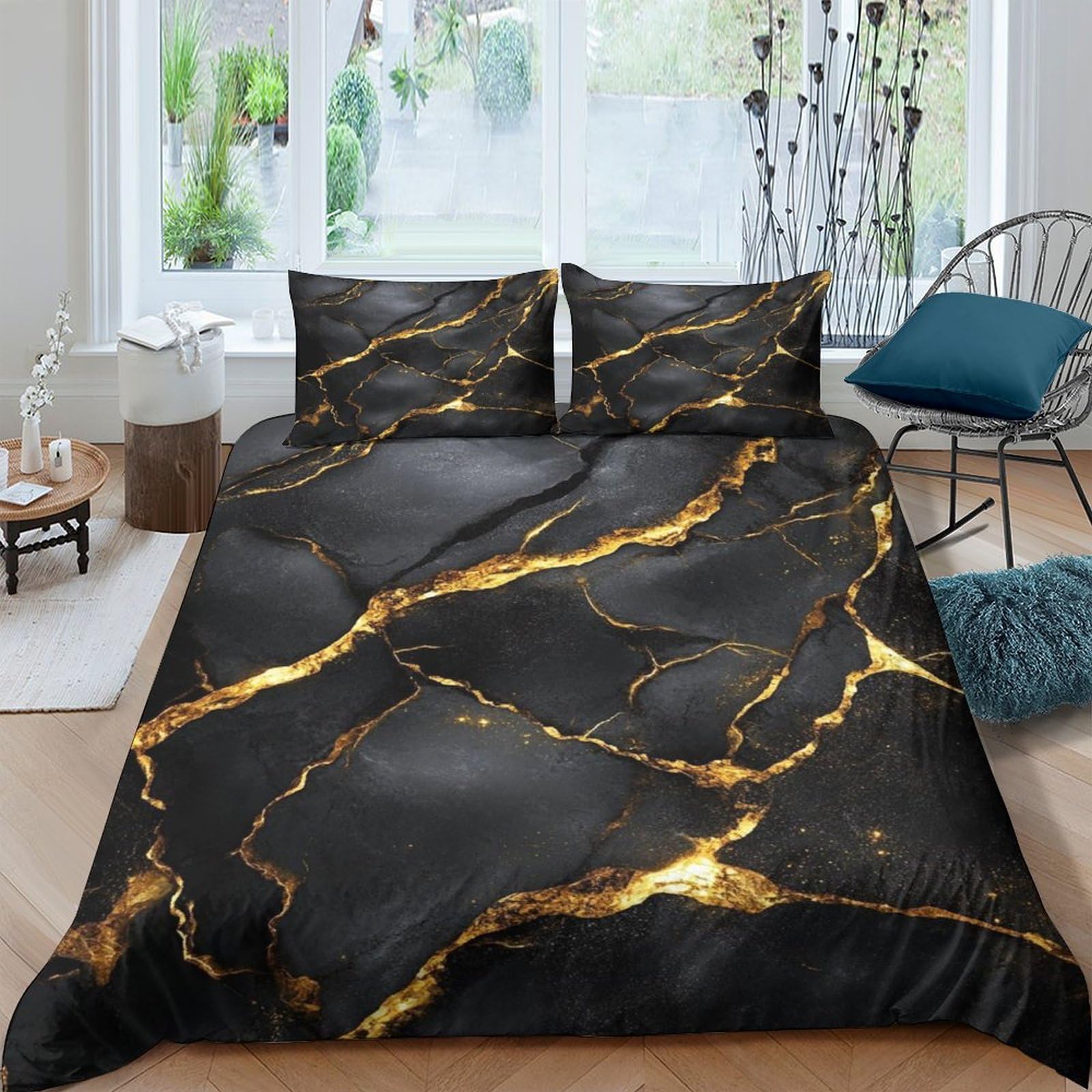 Ctjqhvkz Style-9 3D Printed Black Marble Fitted Sheet Microfiber Soft Anti-Slip Gold Vein Bed Sheet For Bedroom Guestroom Easy Care Single（135X200cm）