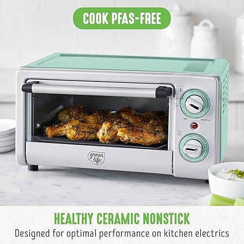 Miniatura 2 de GreenLife Horno tostador de encimera freidora de aire de acero inoxidable, cerámica saludable antiadherente, sin PFAS y PFOA, bandeja y cesta,