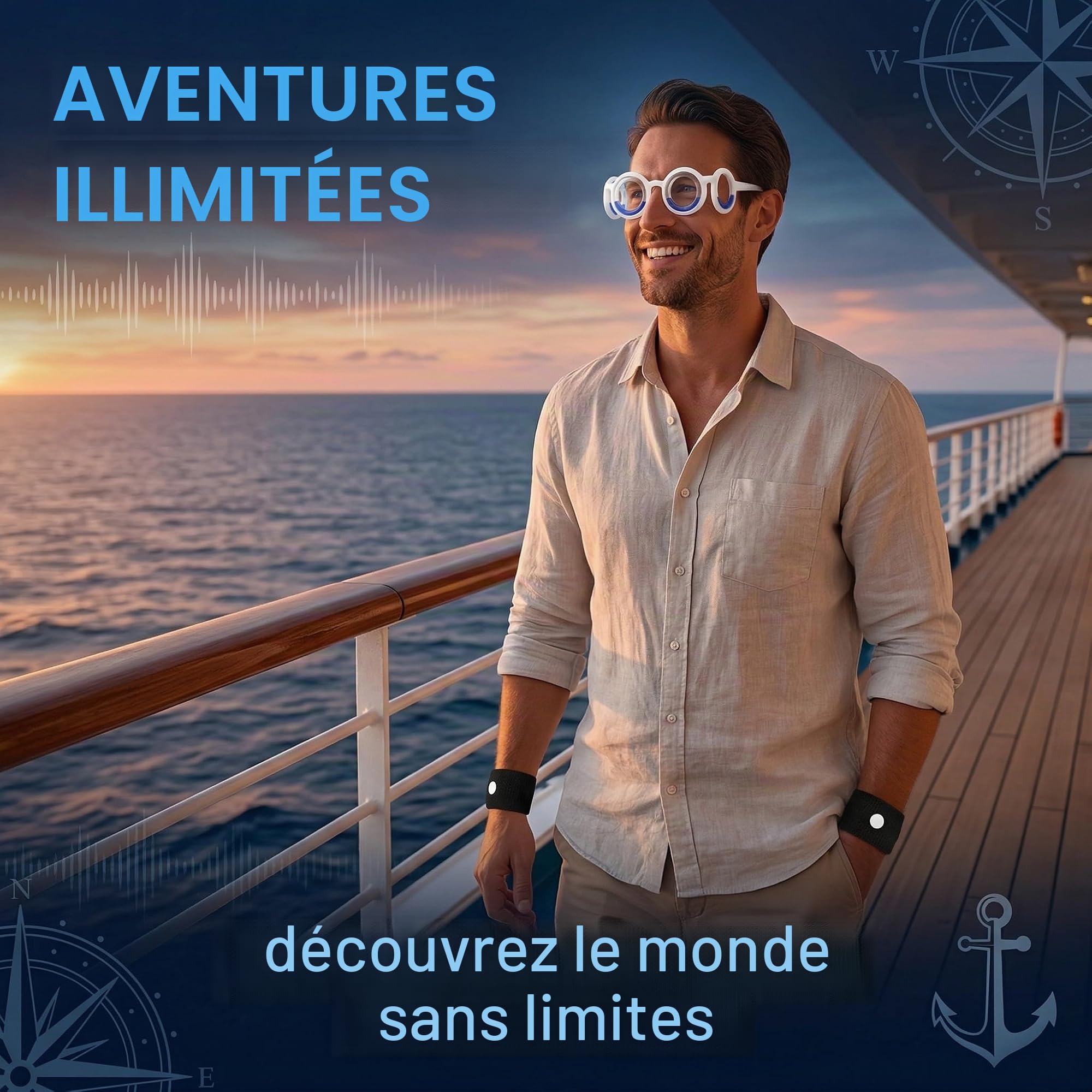 Lunettes Anti Mal des Transports et Anti Nausée, avec 2 Bracelets Anti Vomissement, pour Voiture, Bateau, Croisière et Avion