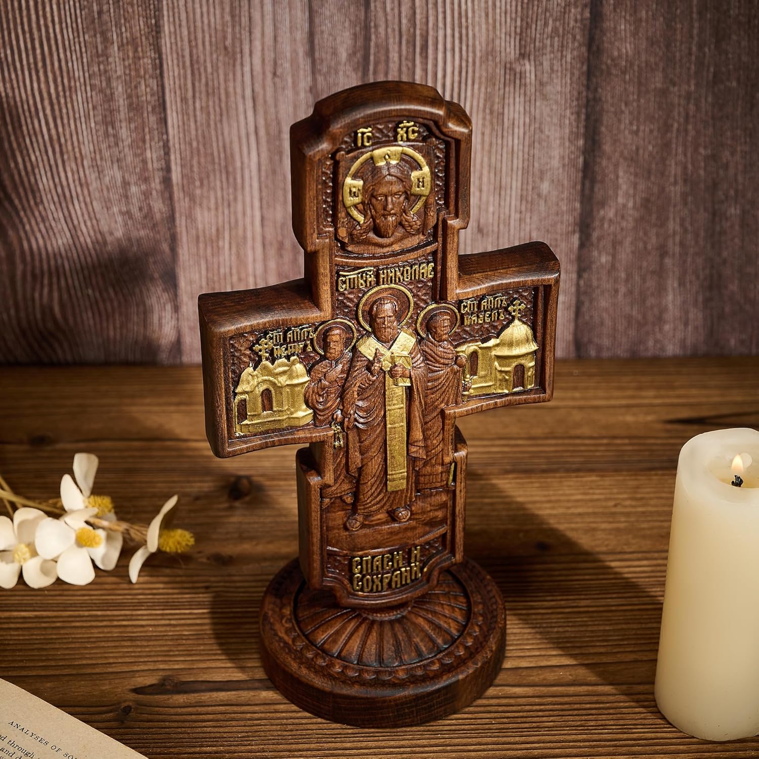 BGCOPPER Wooden Crucifix Wall Cross, Standing Jesus Cross Decor, Orthodox Icons Apostles Cross Christmas Gift