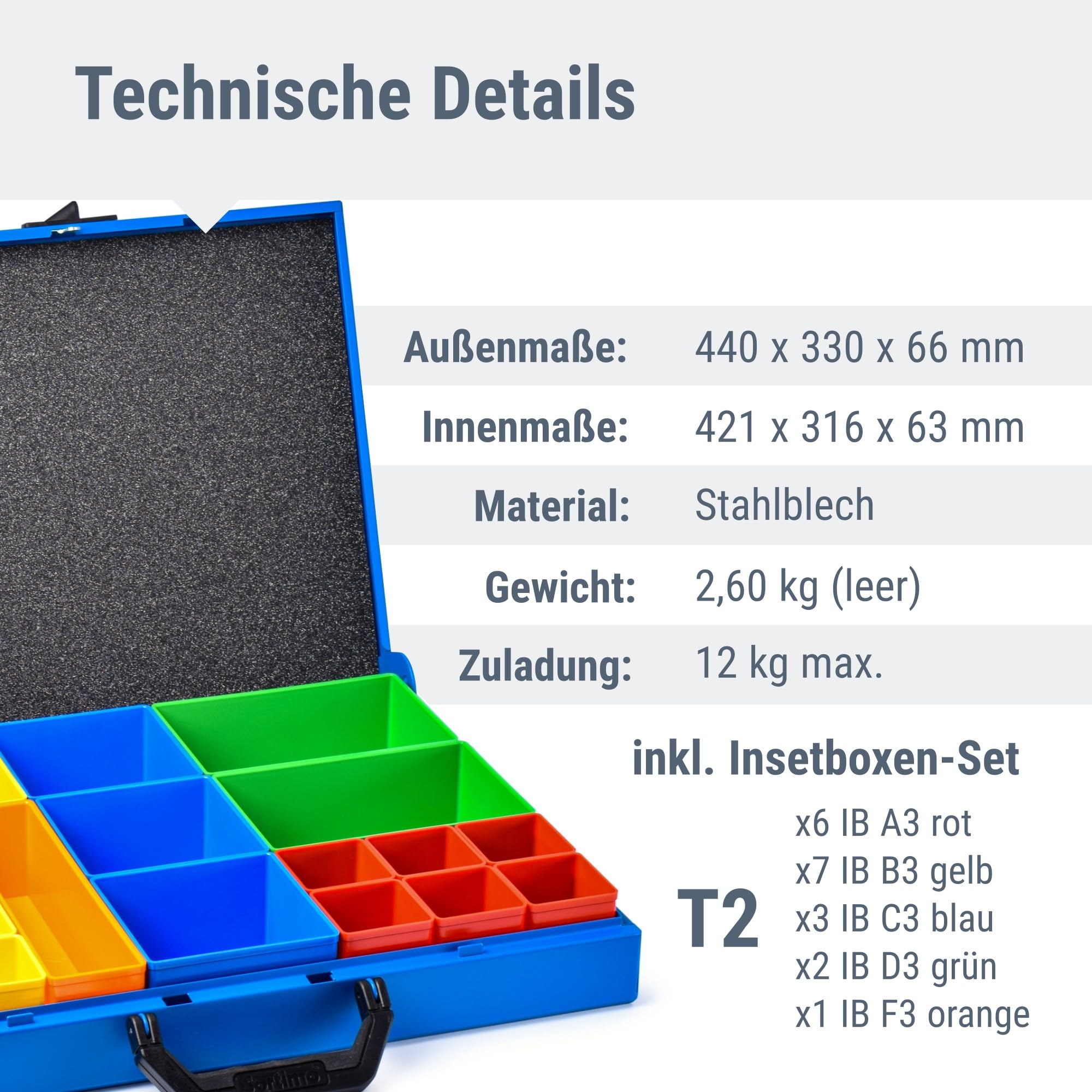 Maletín de metal KM 320 – Caja de herramientas robusta de chapa de acero, caja de almacenamiento para piezas pequeñas, con inserto de espuma, para instalaciones de vehículos y WorkMo, ideal para