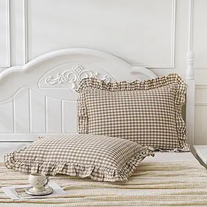 2 Pack Taupe White Plaid Gingham Ruffle Pillow Shams Standard Size 20x26 inches, 100% Washed Cotton Checkered Farmhouse Pillow Covers for Bed/Sofa (20x26 inches,Taupe/White Plaid)