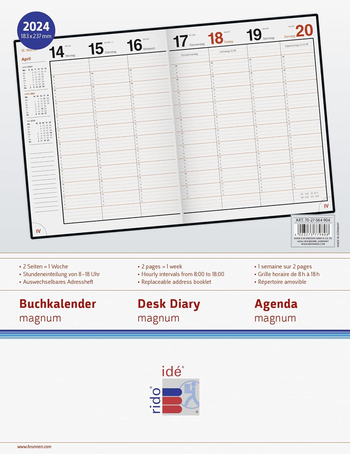 rido/idé Magnum 2024 Weekly Calendar 2 Pages = 1 Week Sheet Size 18.3 x 24 cm Black