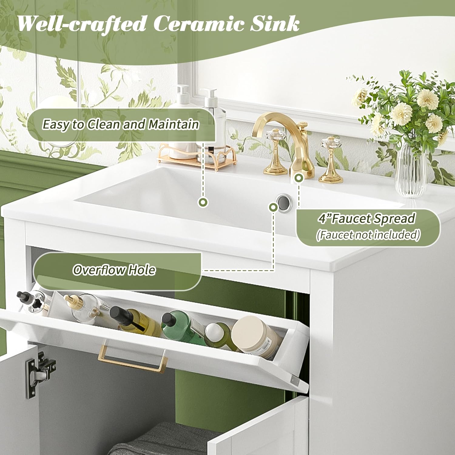 Merax Herringbone Single Sink Bathroom Vanity, Freestanding 24" Modern Bathroom Vanity Storage Cabinet with 2 Drawers and 2 Doors, Solid Wood Frame