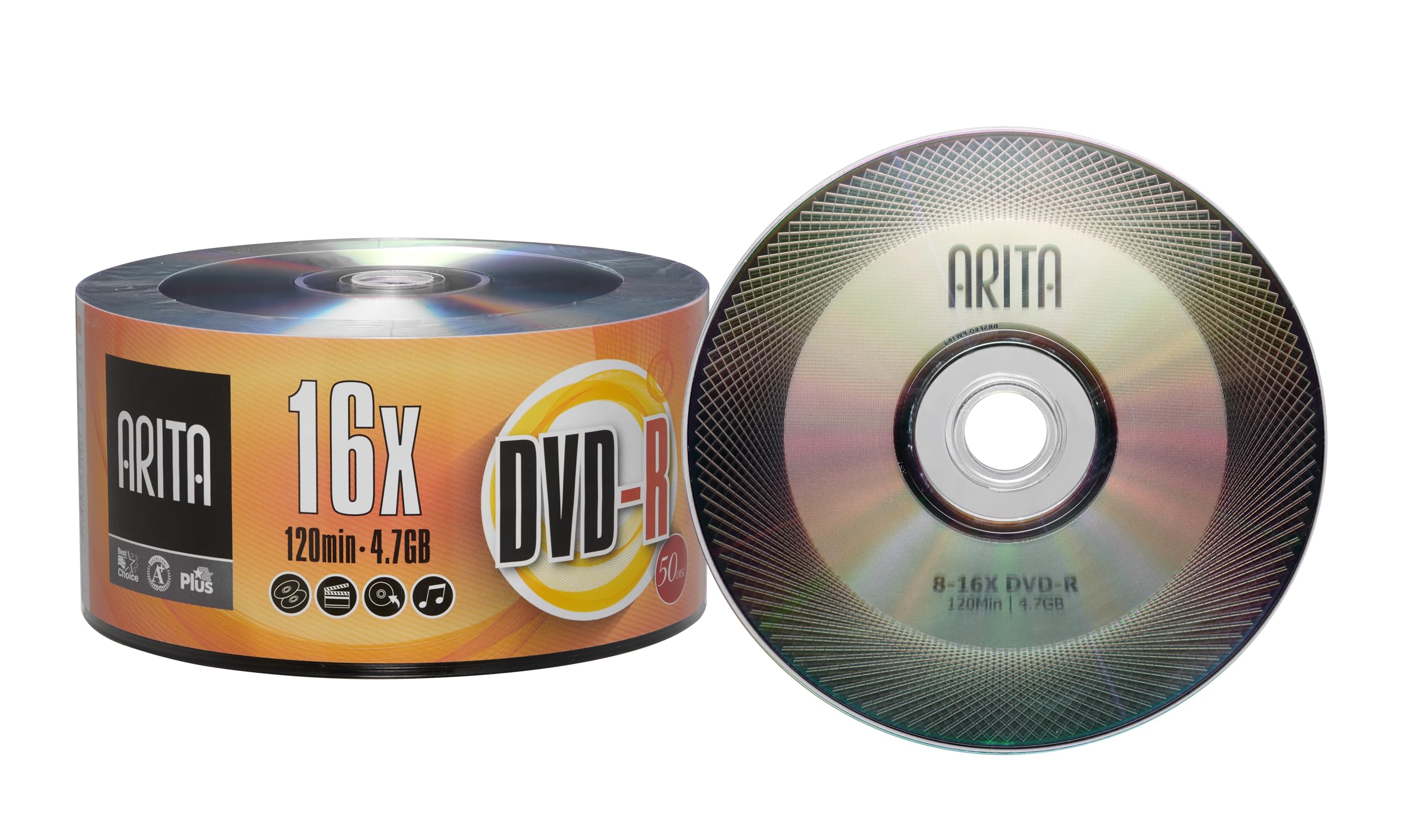 50 Pack Arita DVD-R 16X 4.7GB/120Min Branded Logo Top Write Once Blank Media Record Disc