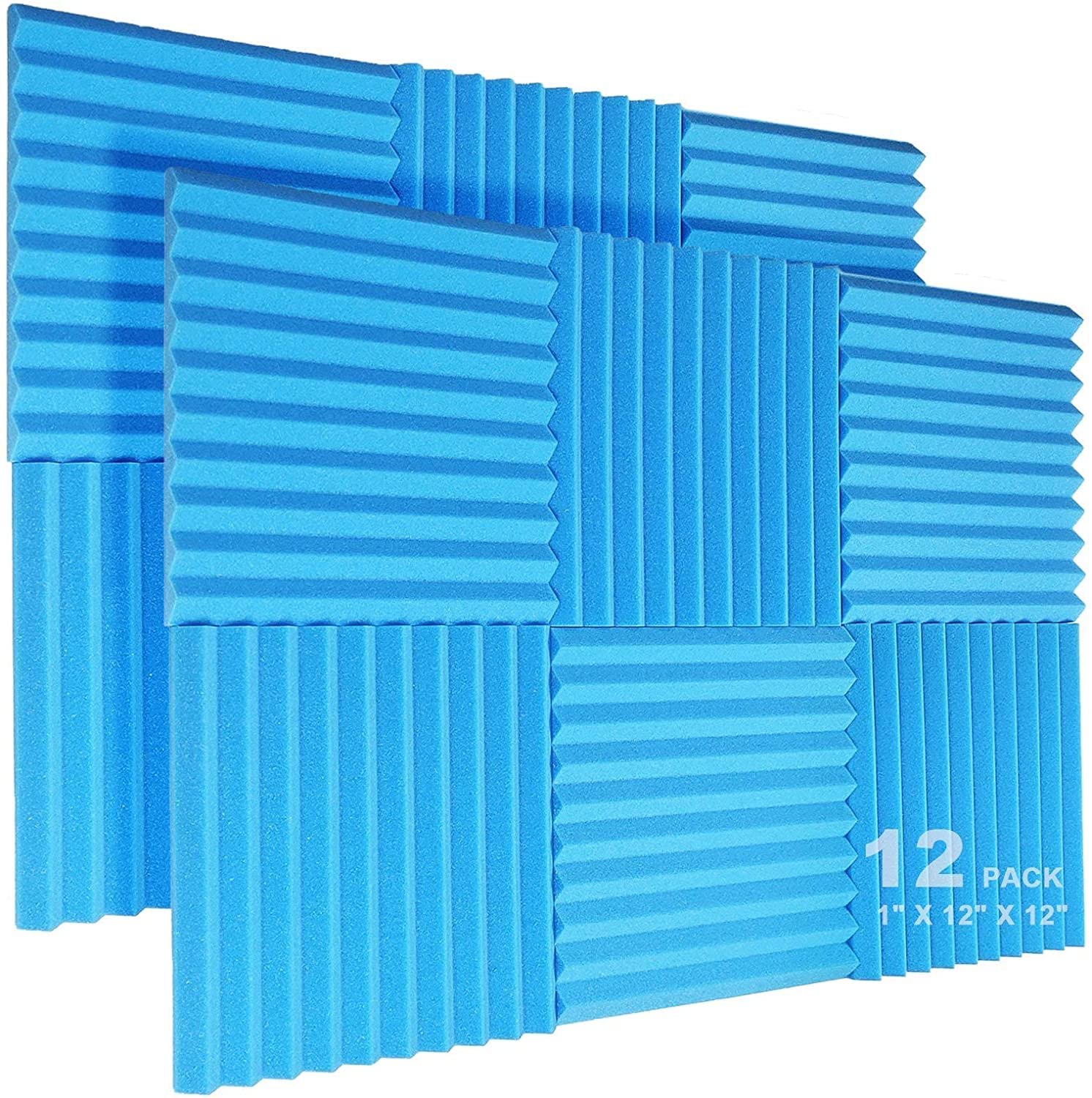 JBER 12 Pack Acoustic Foam Panels, 1" X 12" X 12" Studio Soundproof Wedge-Shaped Fireproof Soundproof Liner Acoustic Treatment Foam (Blue)