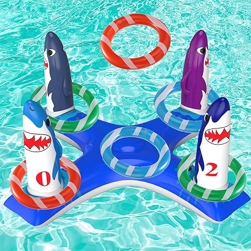 Inflatable Pool Ring Toss Games Toys, Floating Shark Flamingo Swimming Pool Ring with 6Pcs Rings, Swimming Pool Games for Kids Adults Summer Pool