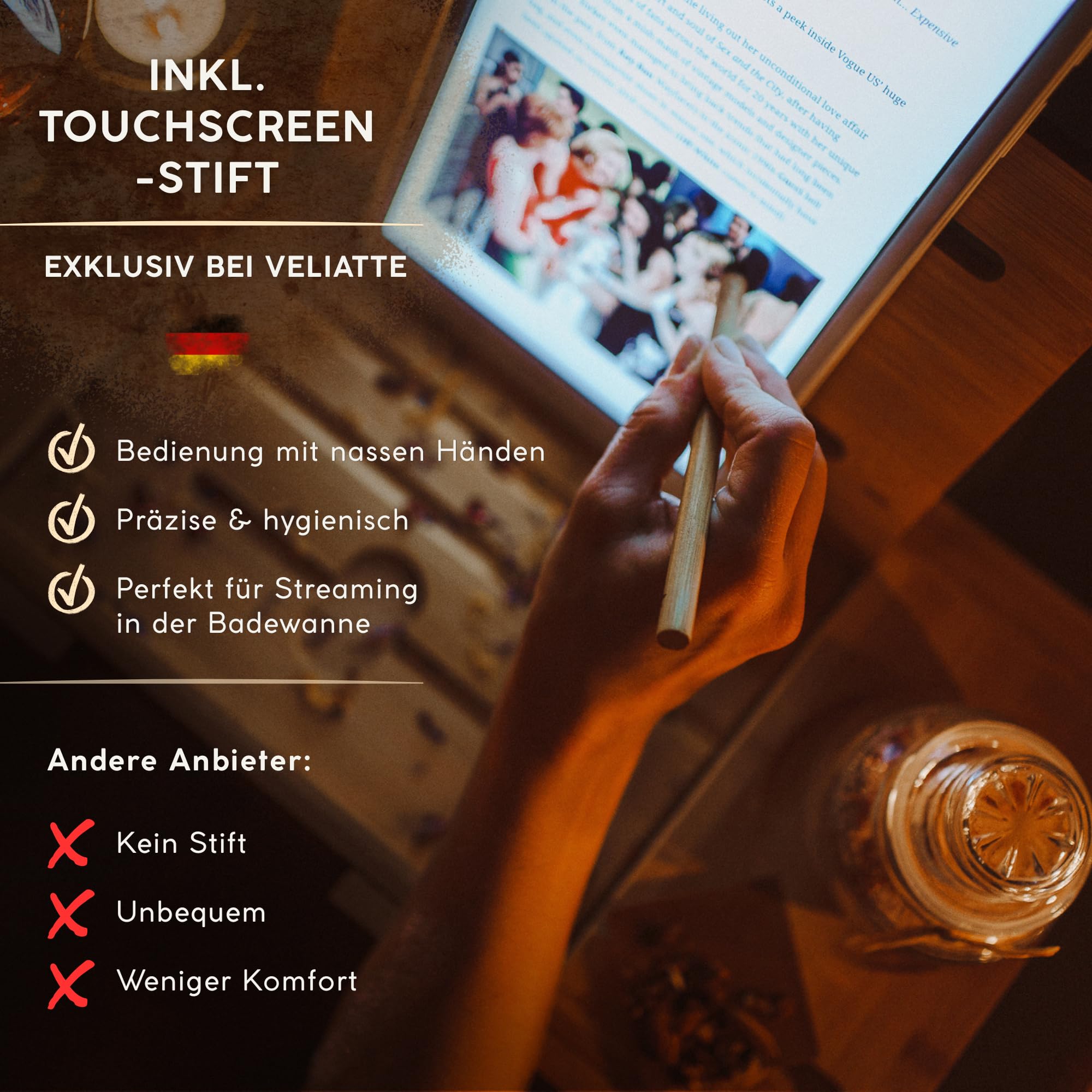 Badewannenablage ausziehbar aus Bambus 70–105 cm – Badewannenbrett mit Tablet- & Buchhalter + Touchscreen-Stift – Badewannentablett verstellbar mit Weinglashalter – Spa Badewannen Zubehör