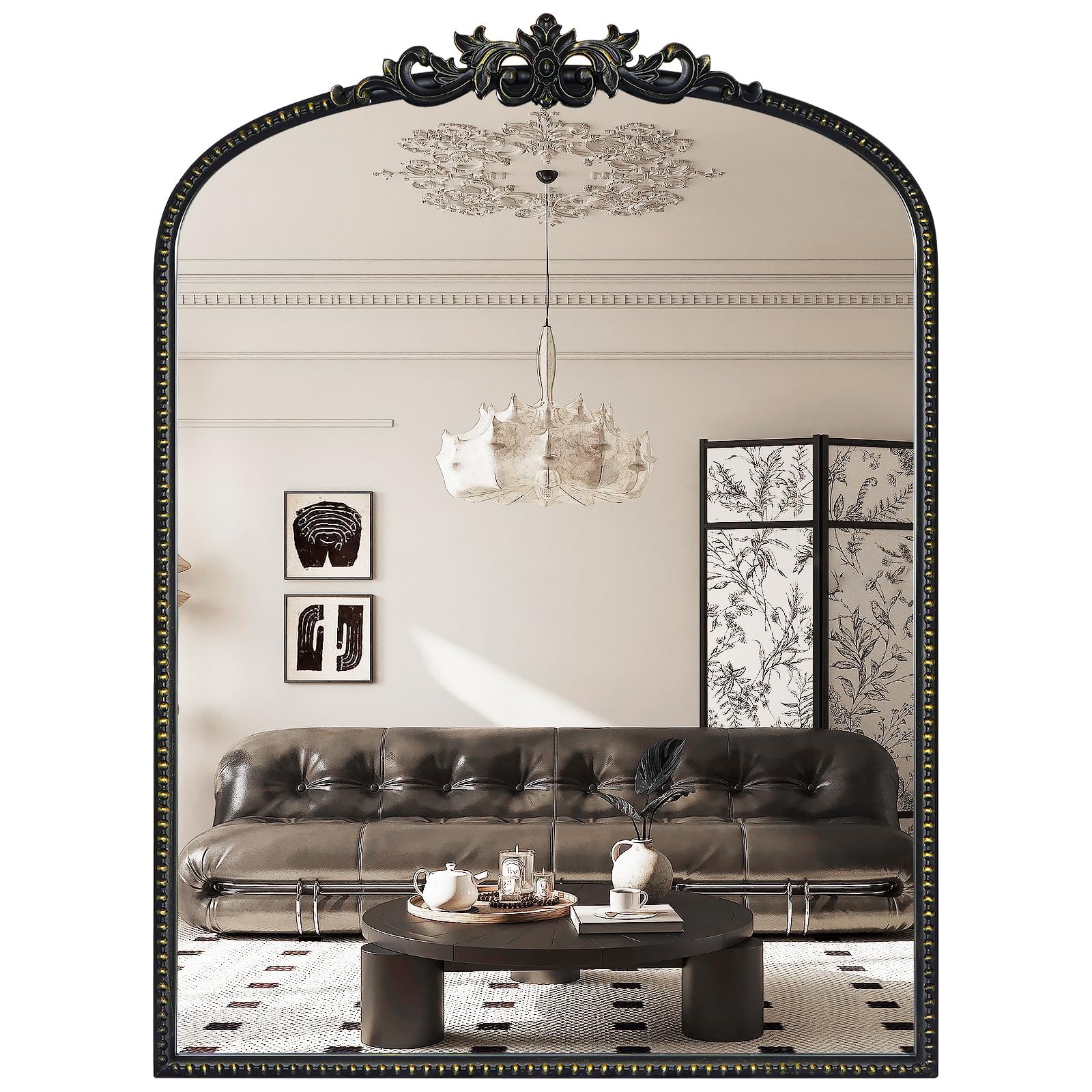 WallBeyond Black Vintage Mirror for Vanity 22x30 Inch, Black Antique Mirror with Ornate Frame, Arched Vintage Wall for Bathroom, Living Room, Fireplace, Entryway