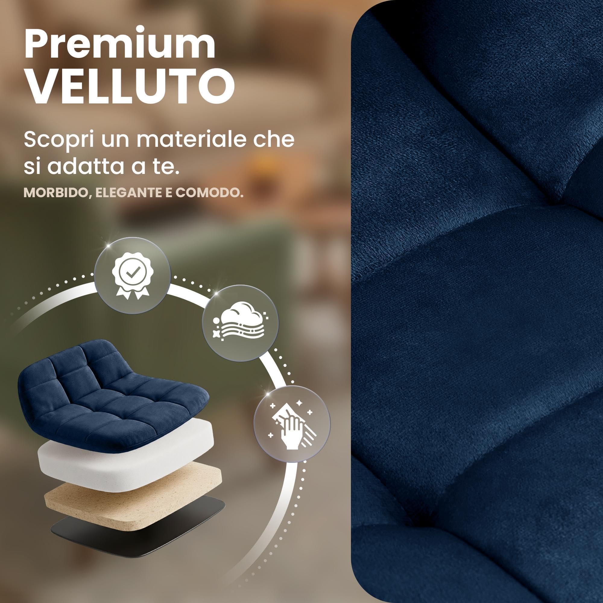 CLP Sedia da Pranzo Imbottita Antibes, Sedia da Cucina in Velluto con Schienale e Struttura in Metallo Nero, Portata 150 kg, Colore:Blu Scuro